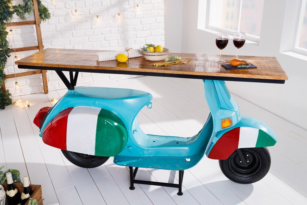 riess-ambiente Bartisch SCOOTER 166cm türkis (1-St), Wohnzimmer · Metall · Retro · Mangoholz · Upcycling · Italia Look