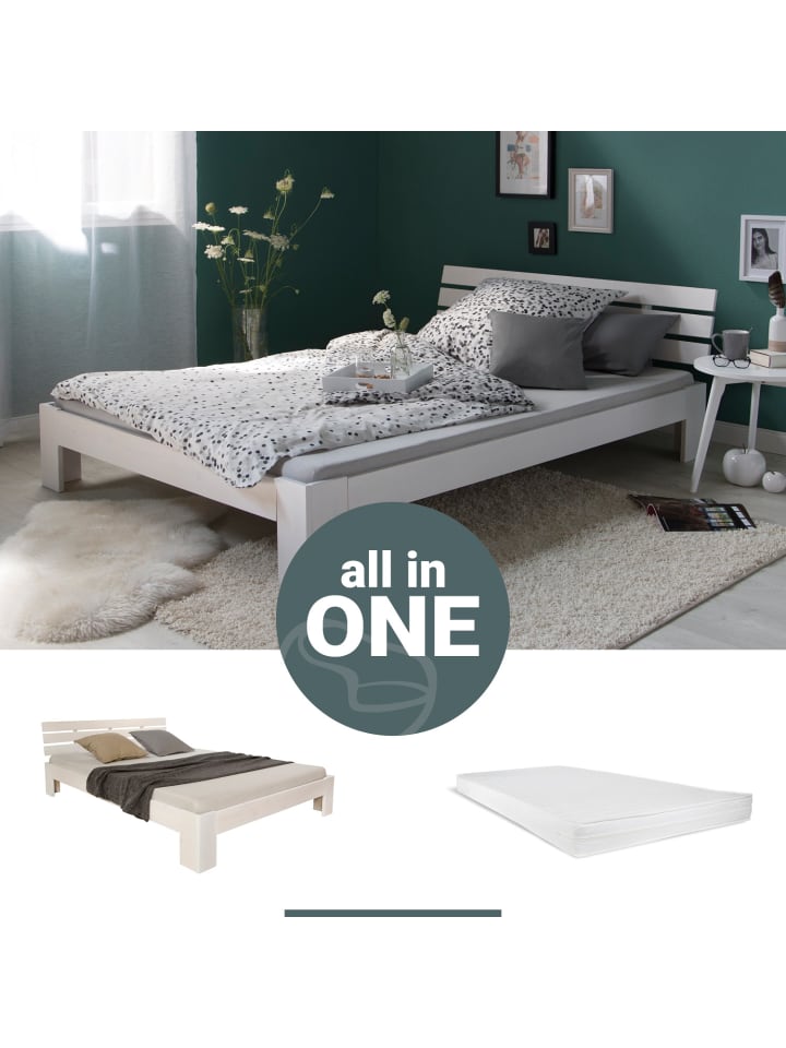 Homestyle4u Holzbett 140x200 mit Lattenrost und Matratze in Weiß günstig kaufen 140 x 200 cm