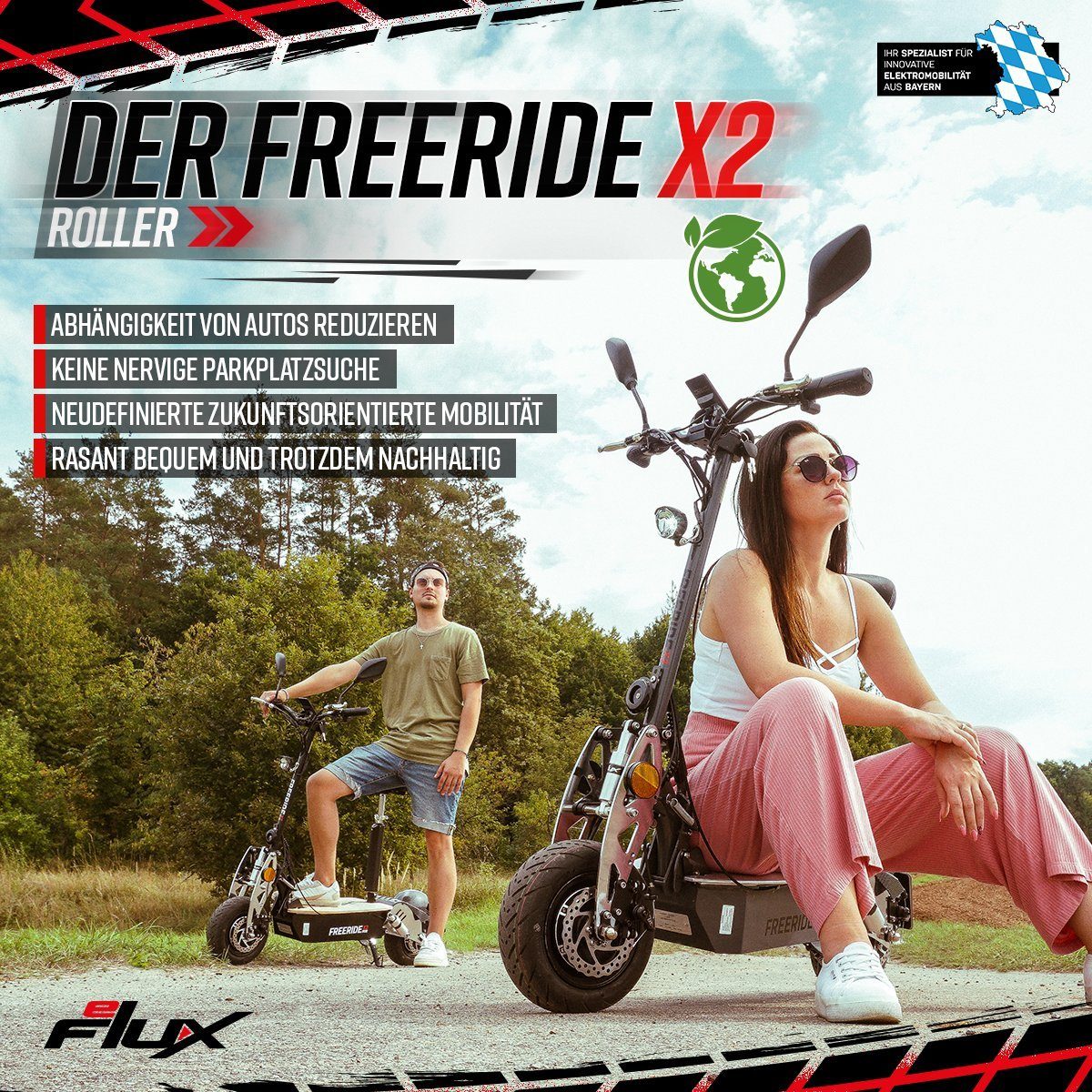 eFlux E-Scooter Freeride X2 Elektro Roller mit Straßenzulassung klappbar, 2500,00 W, 45,00 km/h, (1 tlg), Scooter - bis 55 km Reichweite - Lithium-Ionen Akku - Sitz