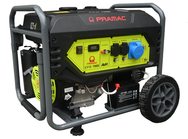 Gerador a gasolina Pramac PR602SXB000 EPW7000 com partida elétrica, 6500 Watts e AVR (Regulador Automático de Voltagem).