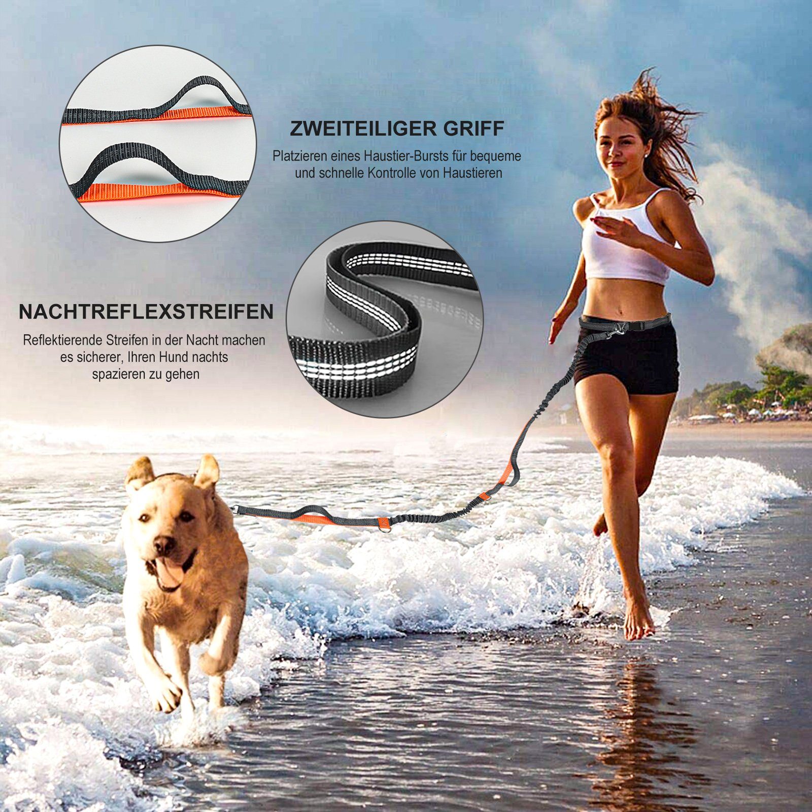 CALIYO Führleine Handfreie Hundeleine, Hundegürtel,Taillengürtel, Hundeleine, Koppler, Gürtel mit einziehbarem Bungee, reflektierende