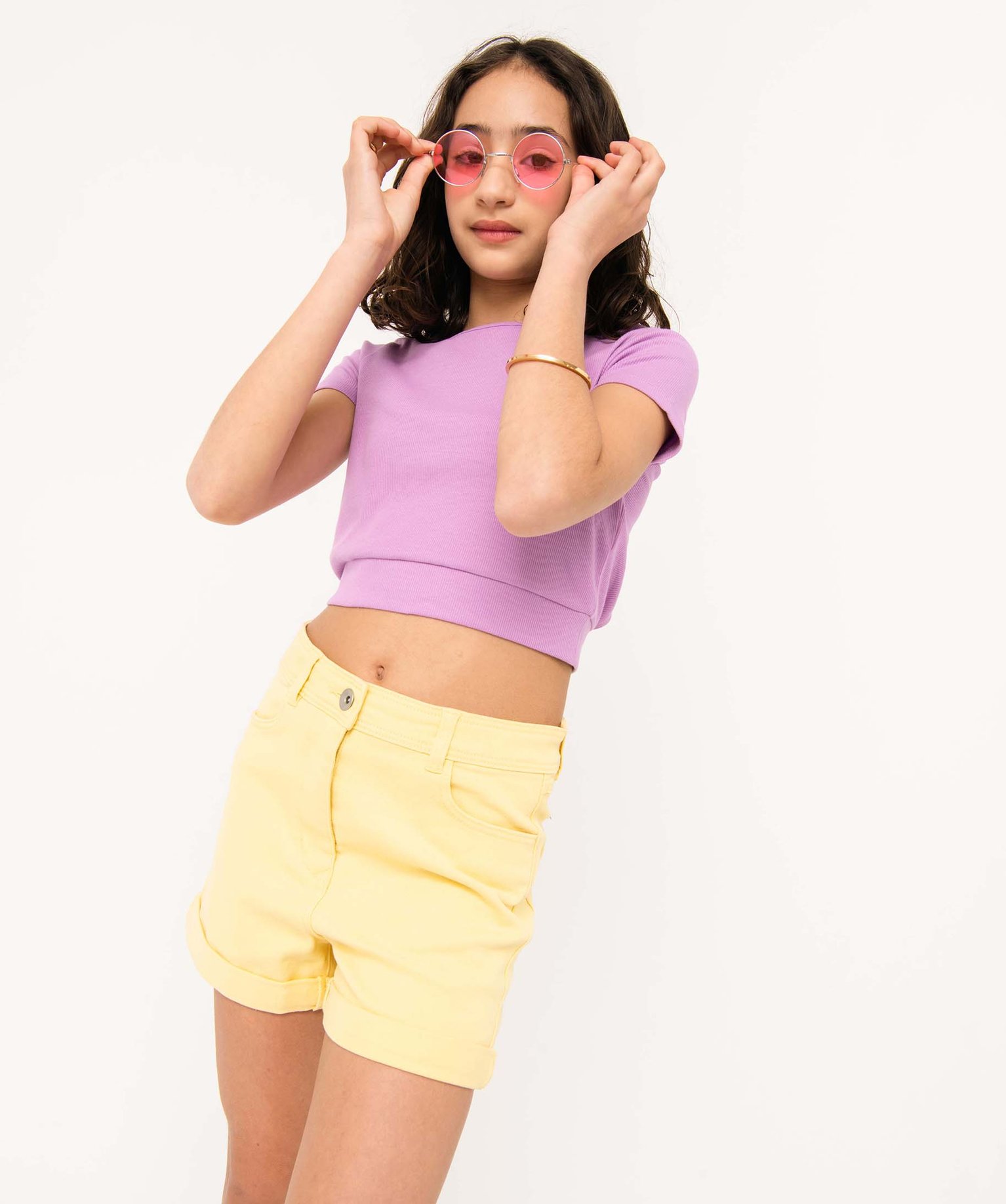 Short fille en toile denim avec revers jaune | GEMO