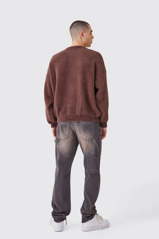 Flauschiger Oversize Moto-Strickpullover mit Rundhals-Ausschnitt