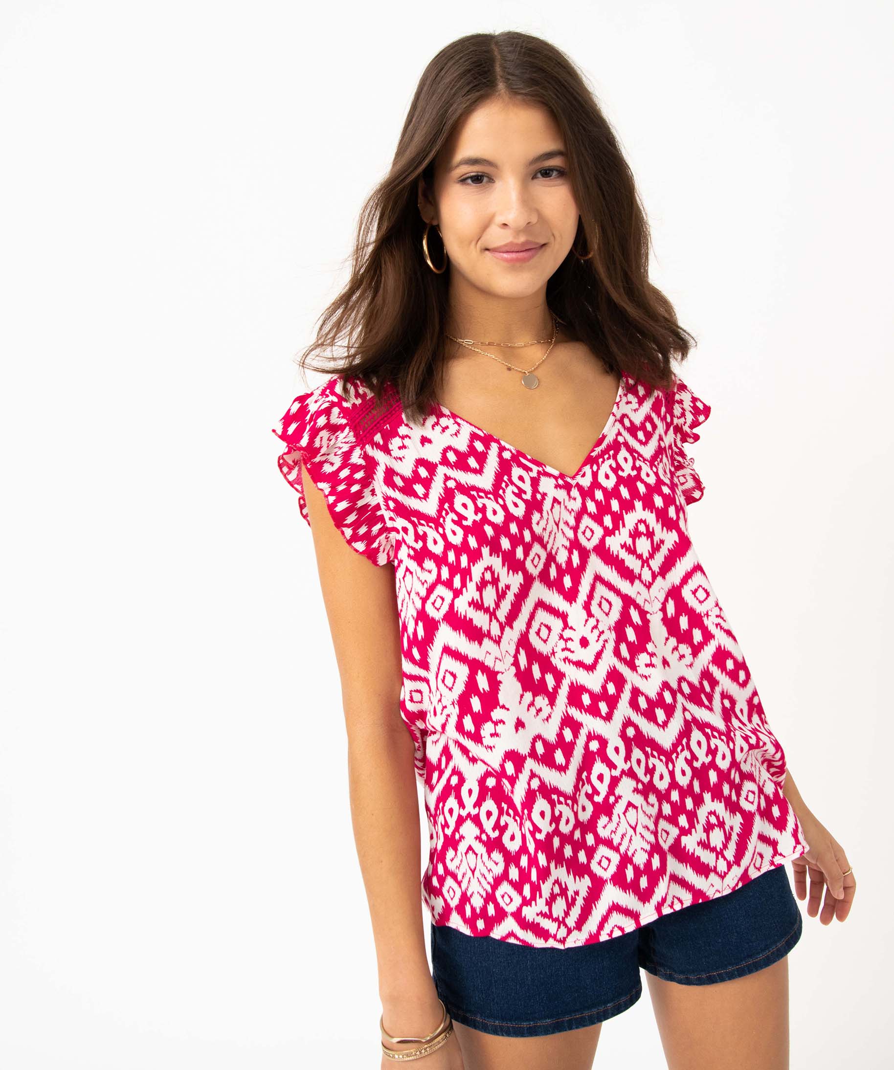 Blouse femme sans manches look boho à volants et dentelle imprime | GEMO