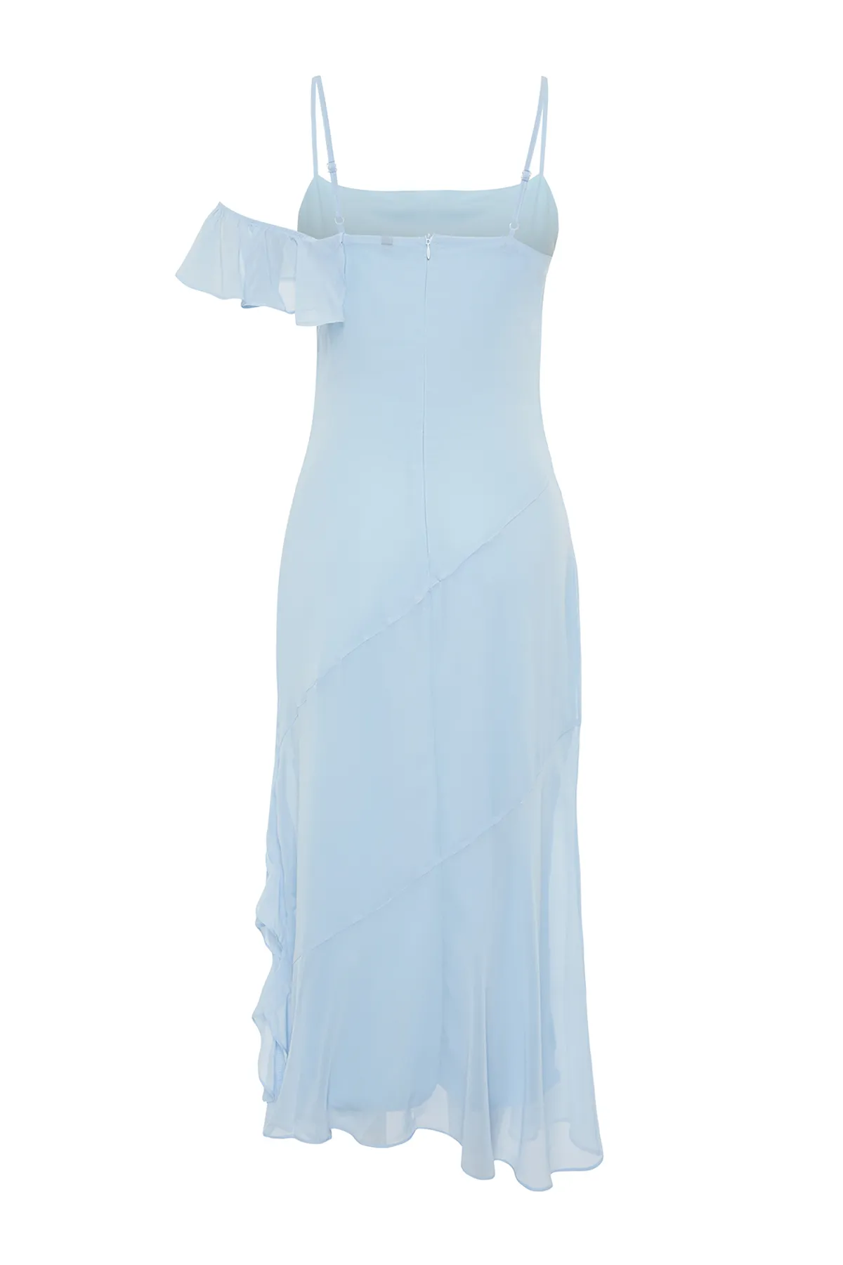 Trendyol Collection  Stilvolles Abendkleid aus hellblauem Chiffon mit Volants TPRSS24EL00076