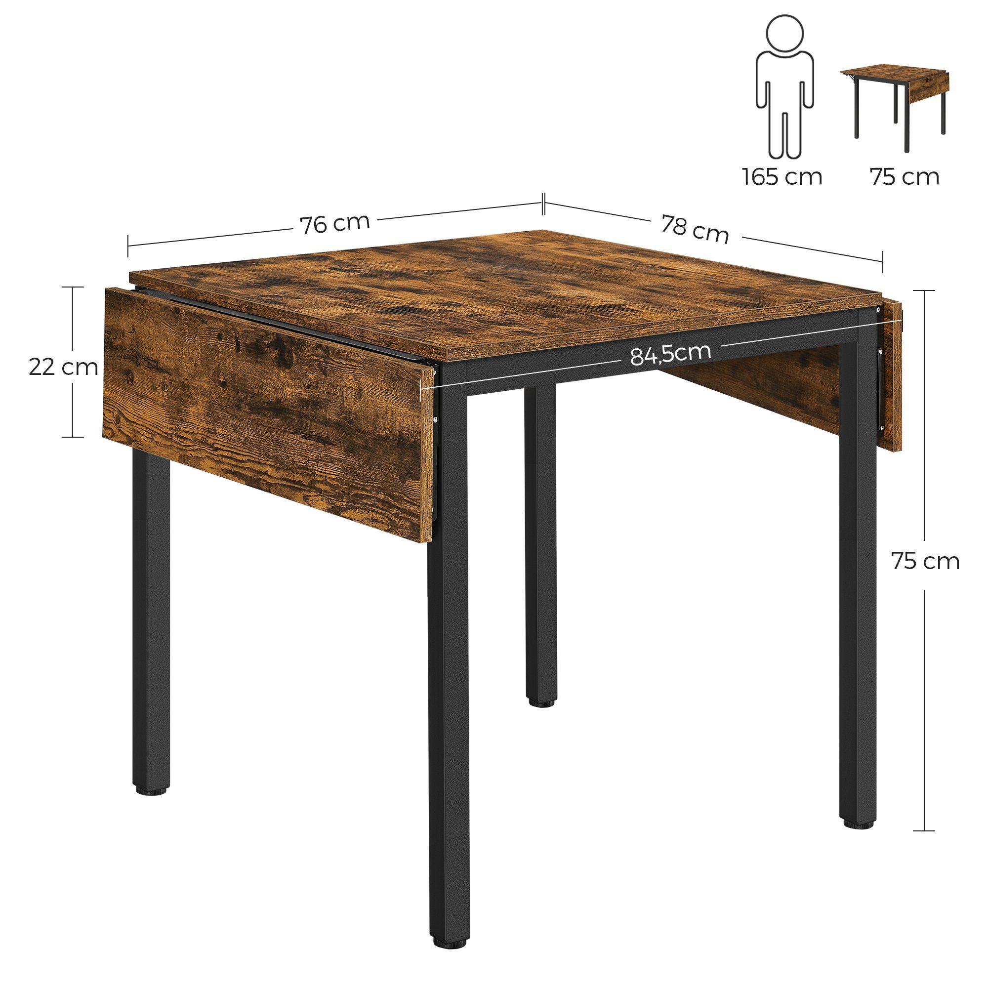 VASAGLE Esstisch, Küchentisch, Klappbar, 120 x 78 x 75 cm (L x B x H)