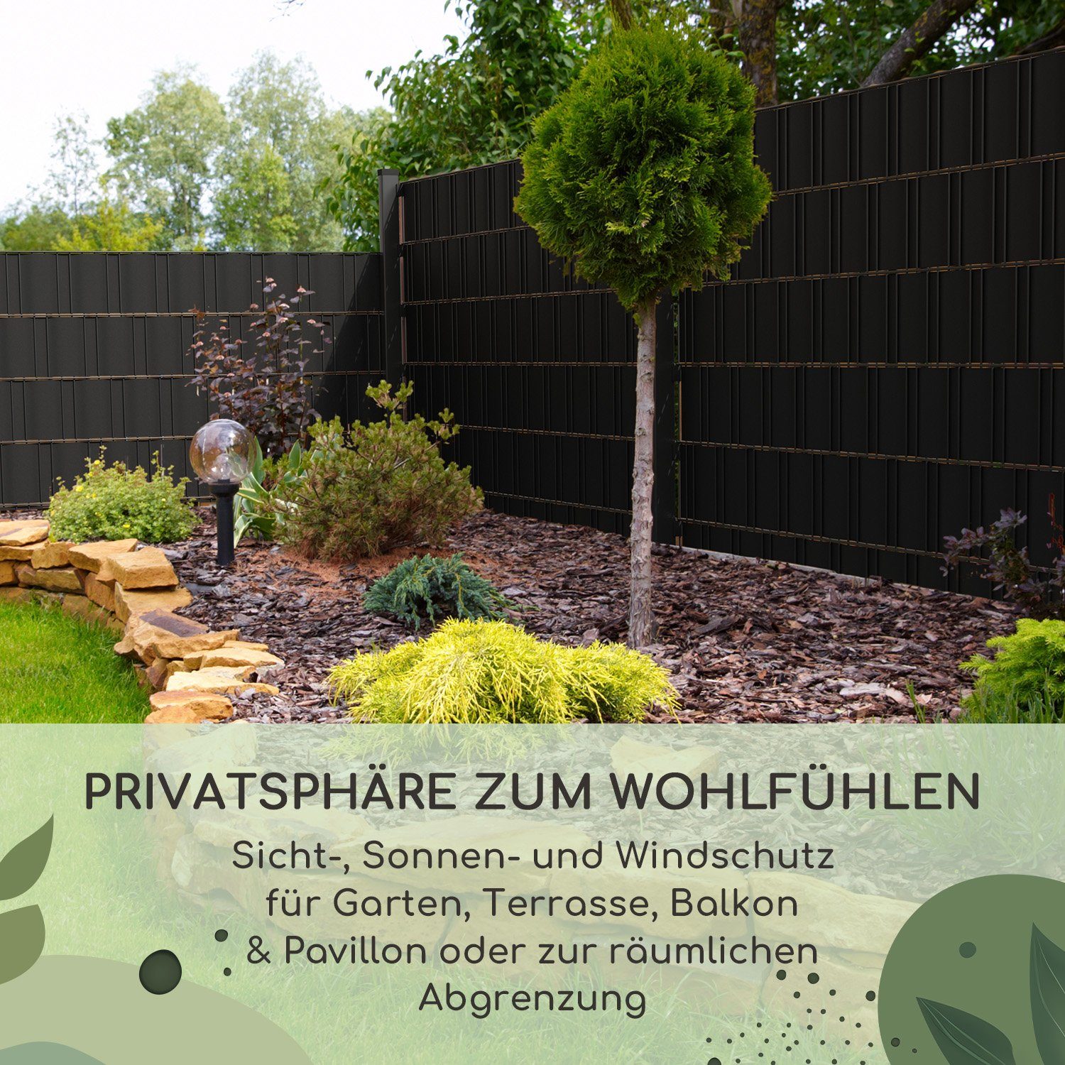 blumfeldt Balkonsichtschutz Sichtschutzstreifen Gartenzaun PVC 450 g/m² 50x19cm Clips Textilband Doppelstabmattenzäune Garten UV- witterungsbeständig