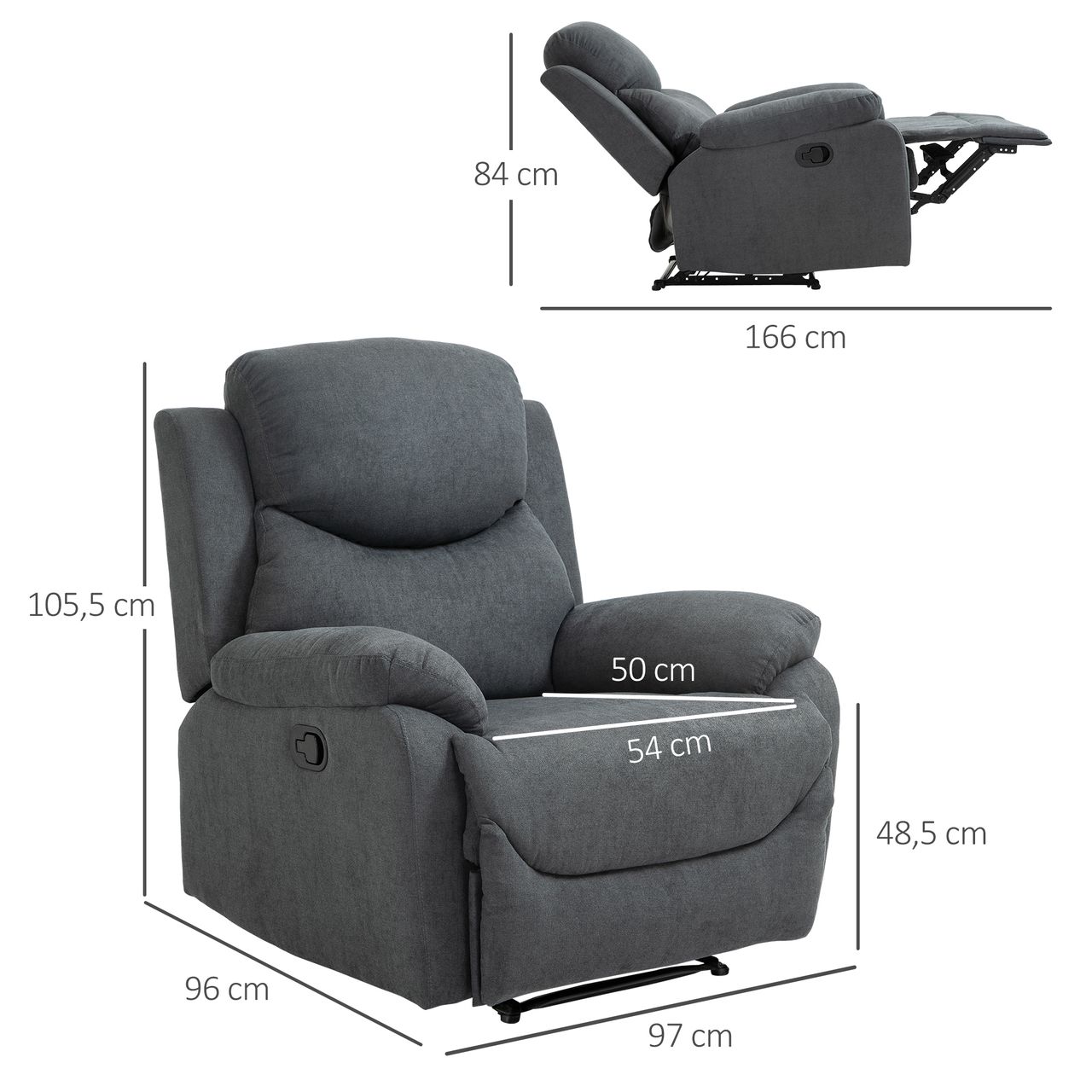 HOMCOM Relaxsessel Einzelsofa Liege 150° neigbar Fernsehsessel Leinen Dunkelgrau