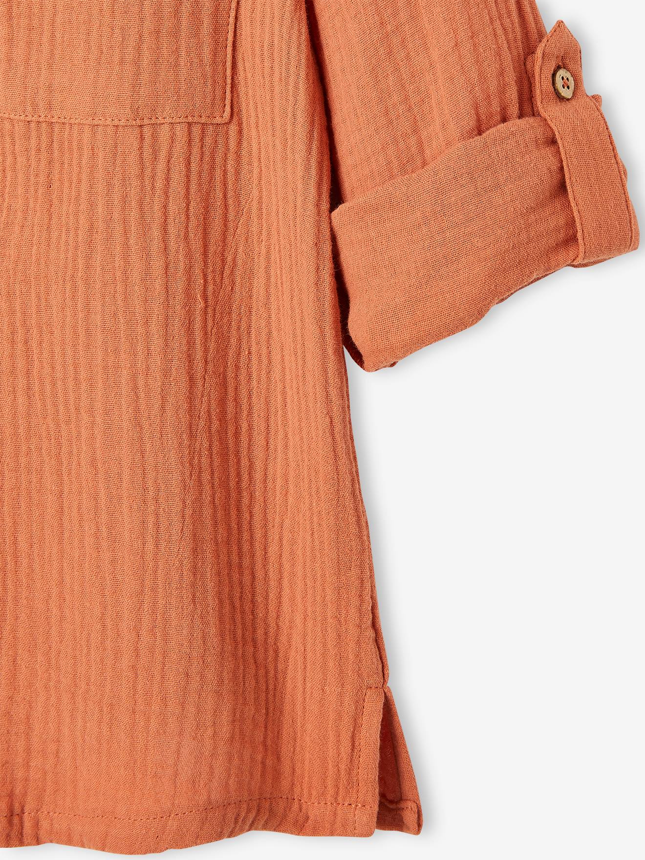 Chemise garçon en gaze de coton manches retroussables bleu moyen