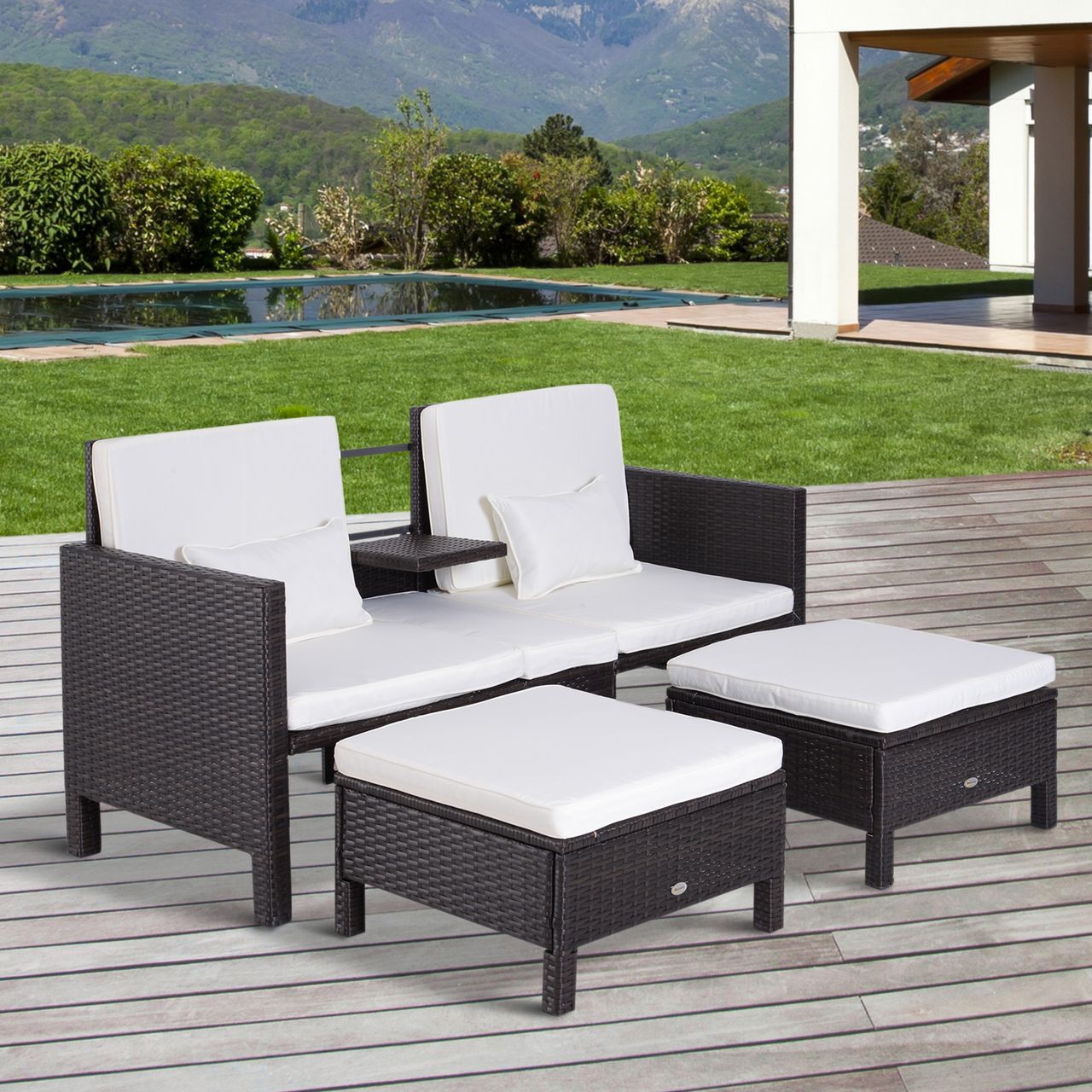Outsunny 3-tlg. Lounge Gartenset2er-Sofa 2 x Hocker Kissen