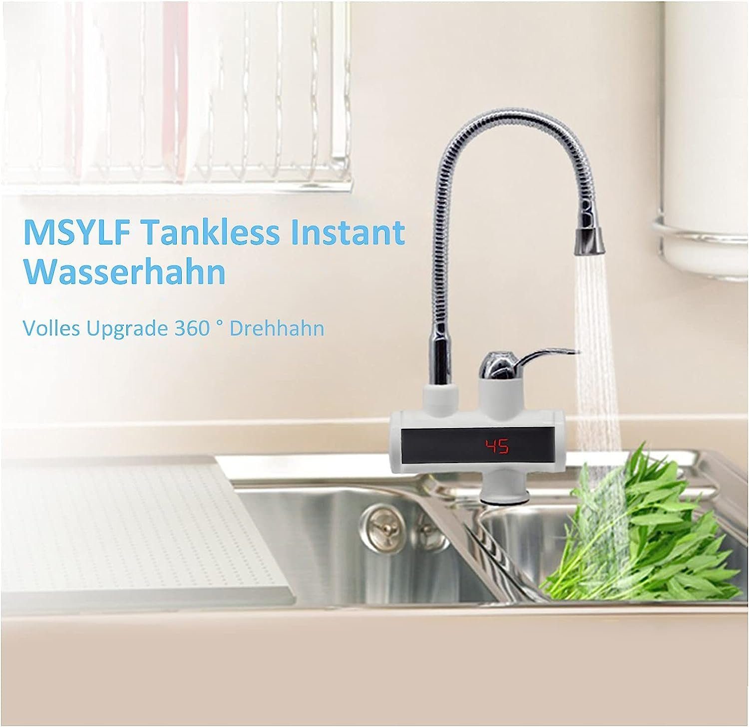Daskoo Durchlauferhitzer Elektrisch Temperaturanzeige einstellbar schwenkbar Wasserhähnen, max 60,00 °C, Temperaturanzeige 50-60 ℃,IPX4 Küchenarmatur