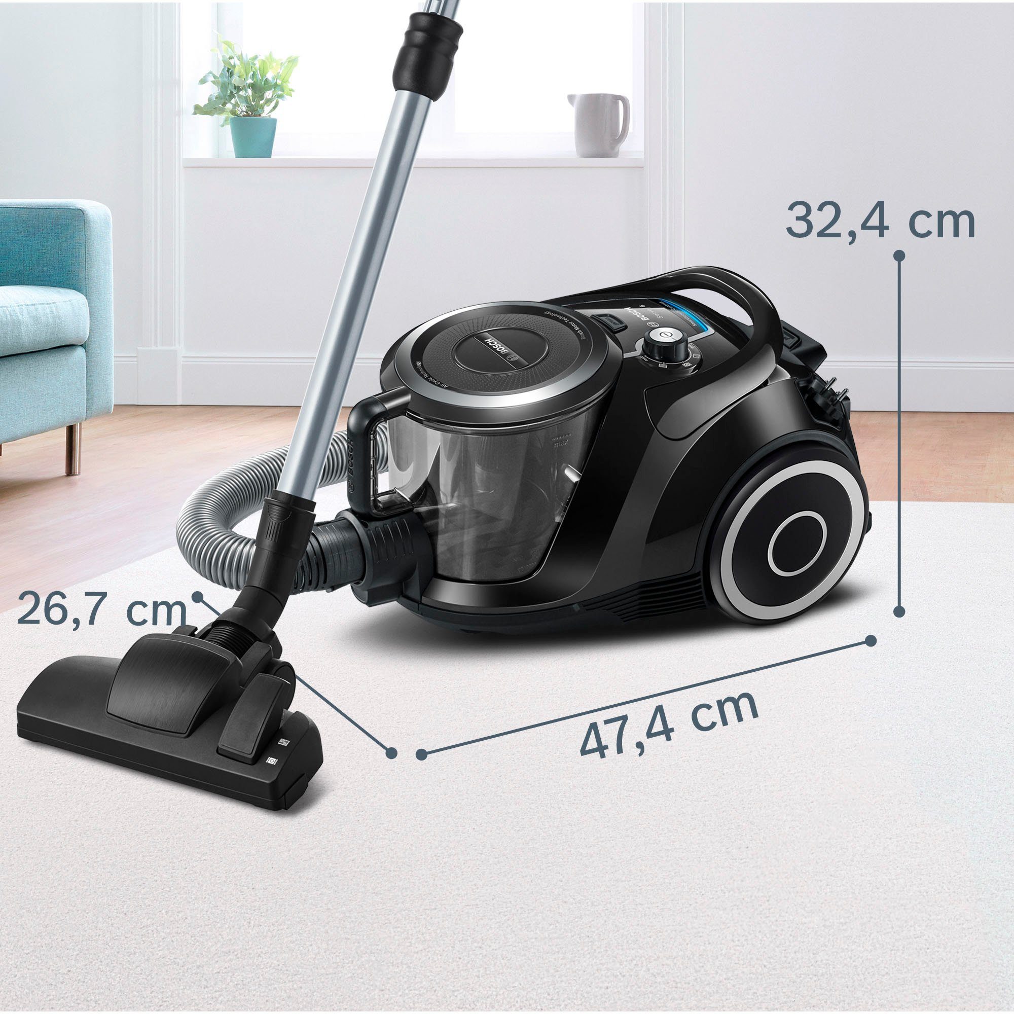 BOSCH Bodenstaubsauger BGC41XSIL, Serie 6, schwarz, 700 W, beutellos, extra leise (68 dB), langes Kabel