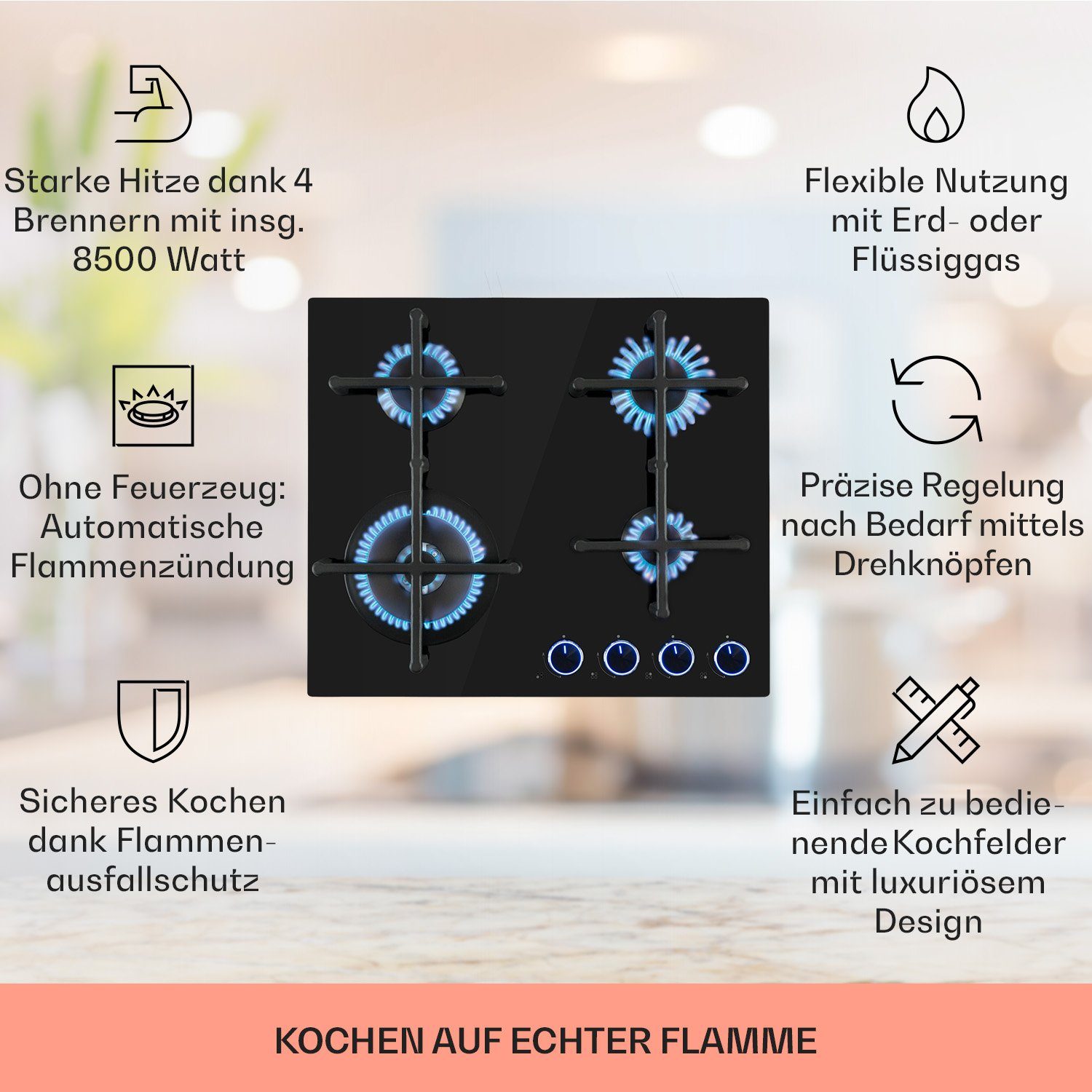 Klarstein Gas-Kochfeld Illuminosa 4 Gaskochfeld 4-flammig Sabaf-Brenner Glaskeramik CGCH6-Illuminosa-4, 4 flammen brenner Kochfelder Gaskochfelder