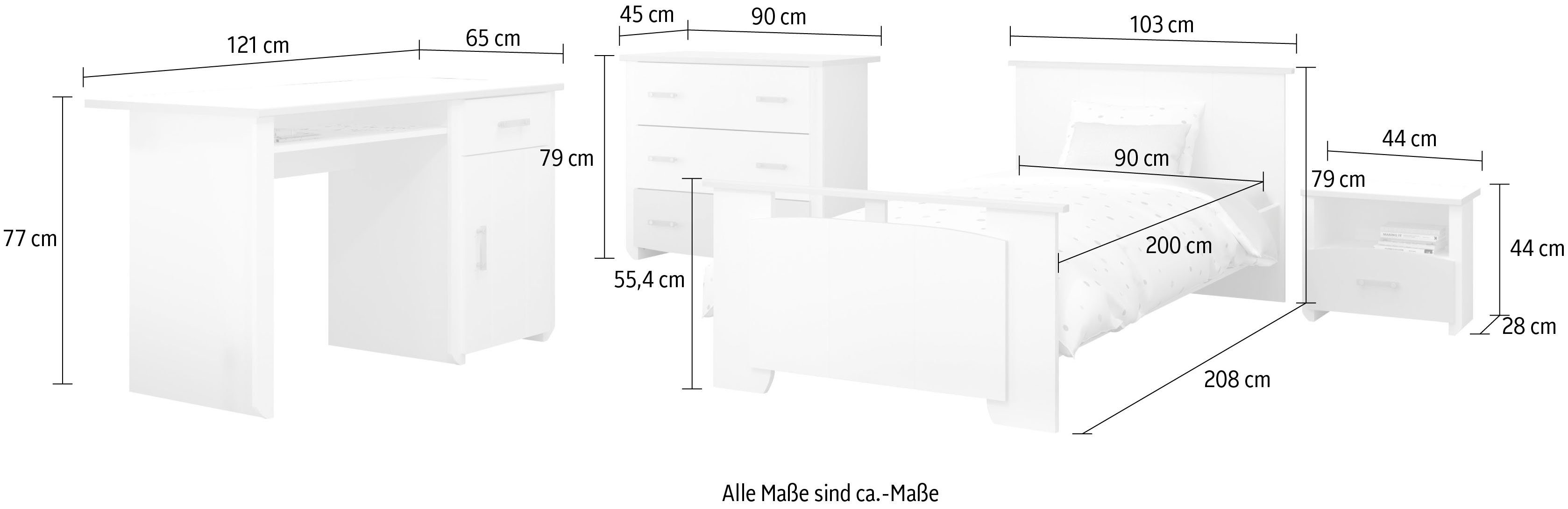 Parisot Jugendzimmer-Set Biotiful, (4-St., Bett, Nachttisch, Schubkastenkommode, Schreibtisch)