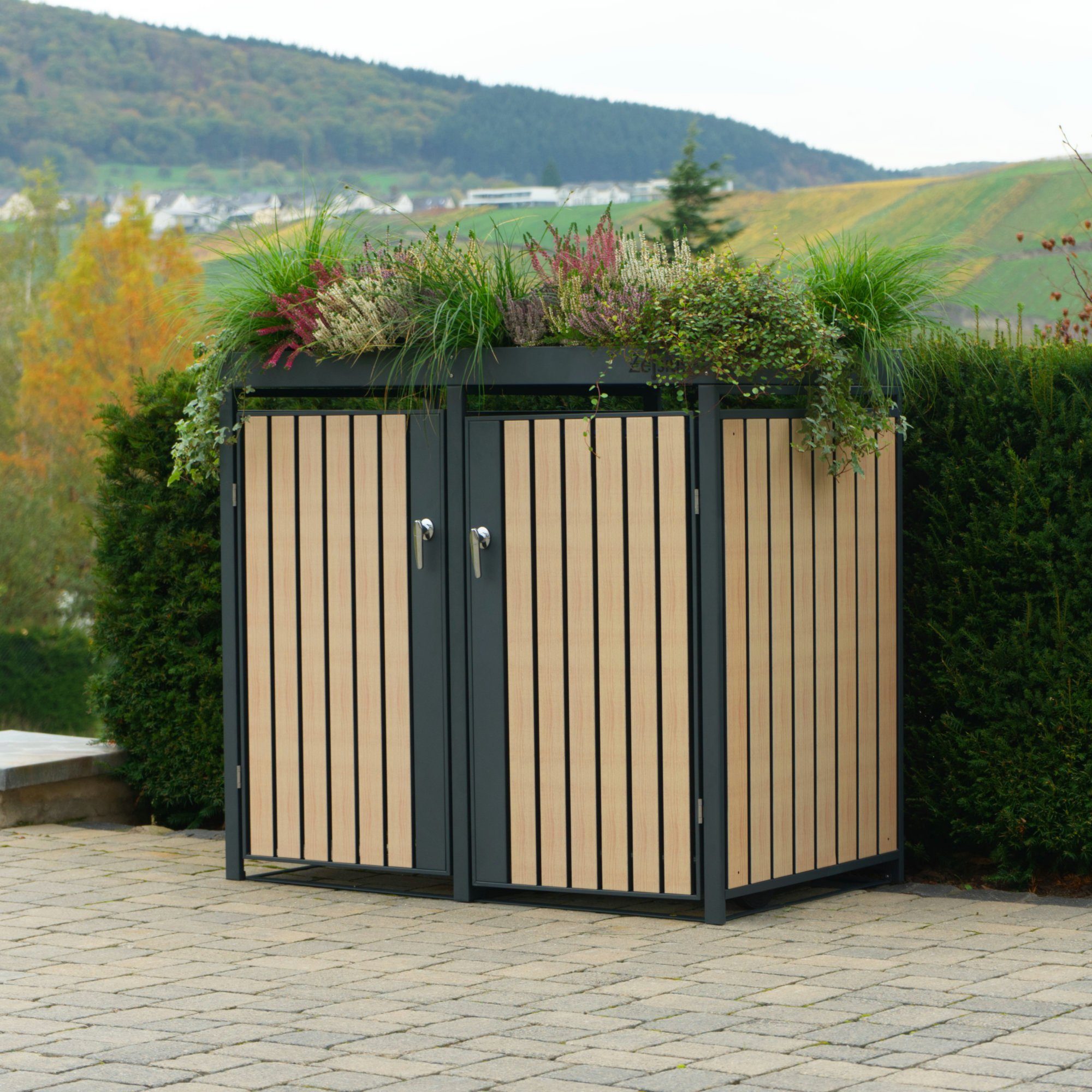 Zelsius Mülltonnenbox mit Pflanzdach, für 2 Mülltonnen, Anthrazit RAL 7016, Tür Holzoptik