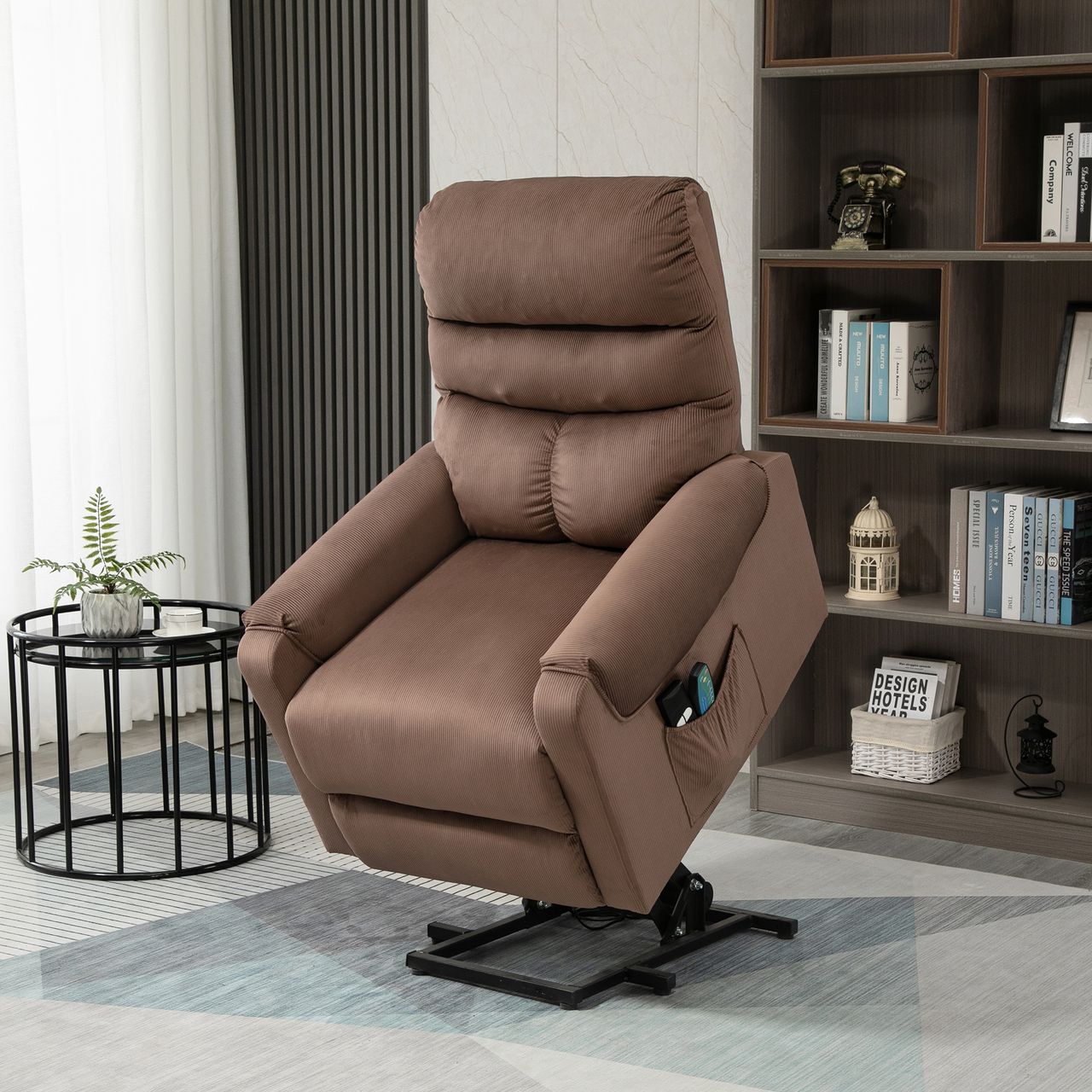 HOMCOM Fernsehsessel mit Massagefunktion Aufstehhilfe Fernbedienung Heizung elektrisch Liegefunktion Polyester-Gewebe Metall Hellbraun 79 x 97 x 103 cm