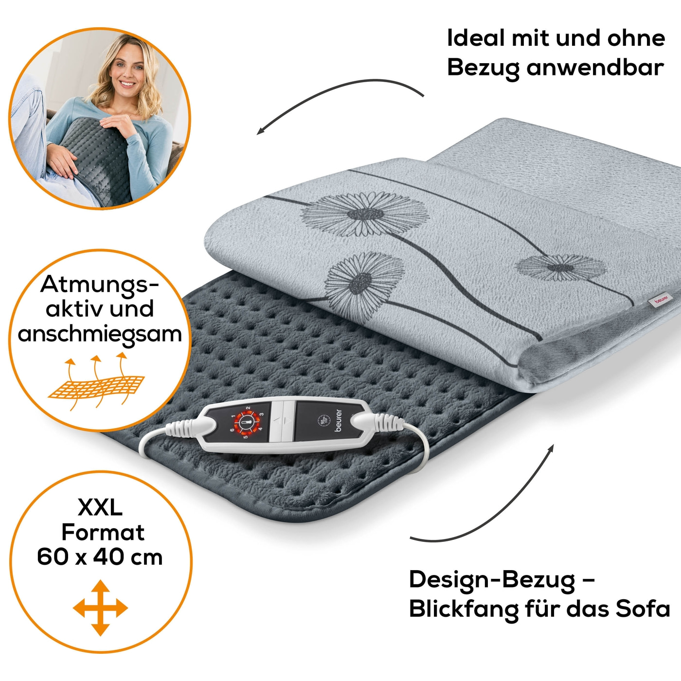 Beurer XXL Heizkissen HK 125 Cosy Grey-Flauschiges XXL Heizkissen mit abnehmbaren Bezug & 6 Wärmestufen