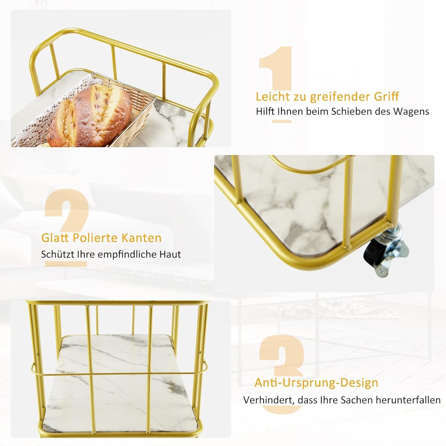 KOMFOTTEU Servierwagen 3-stöckiger Rollwagen, 66 x 40 x 82 cm