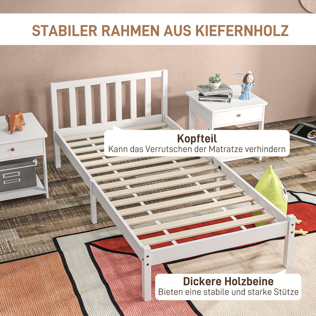 HOMCOM Bettrahmen Holzbett, 208 x 96cm Bettgestell mit Kopfteil für Schlafzimmer
