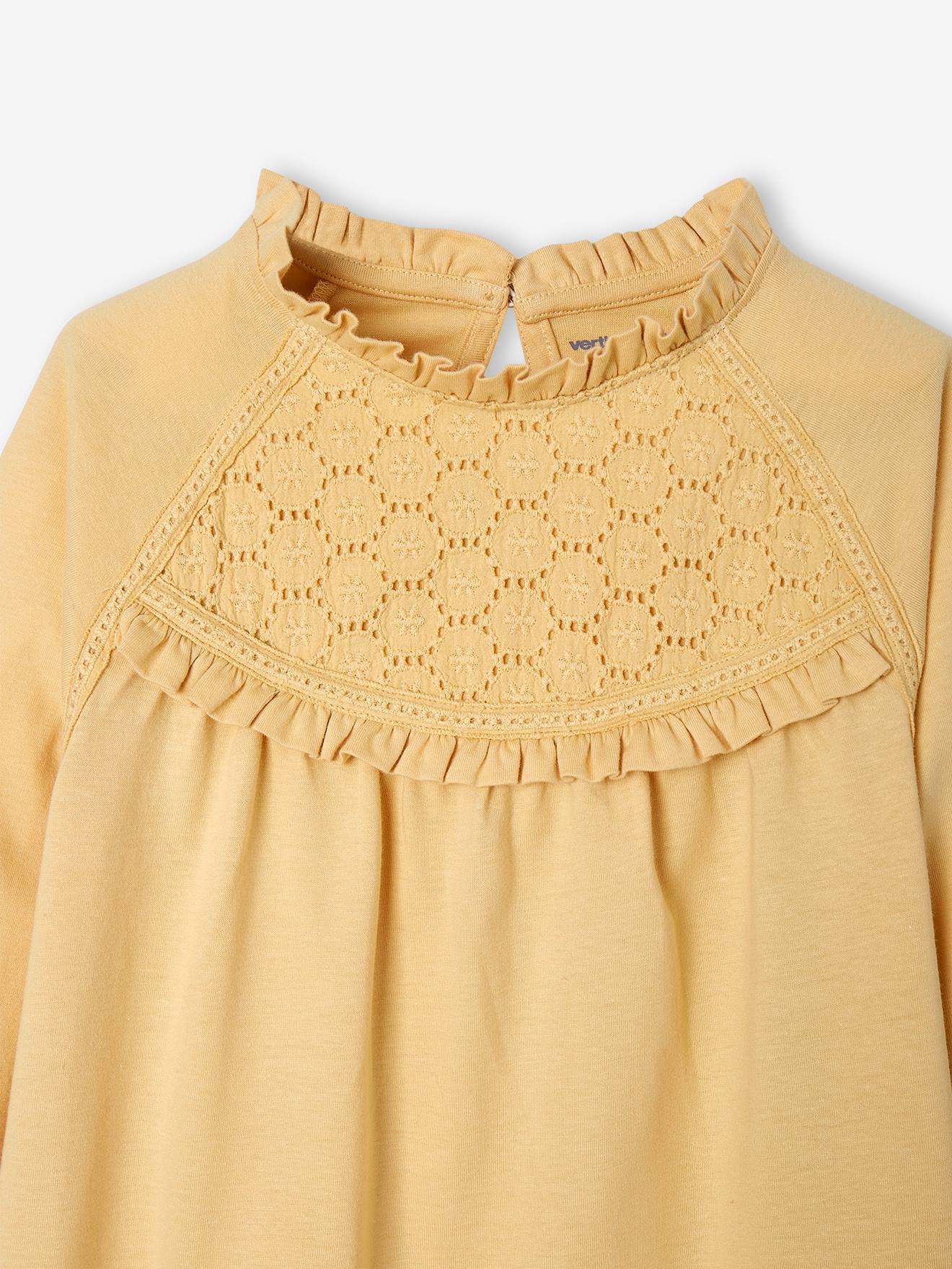 Tee-shirt blouse détail en broderie anglaise fille rose poudré