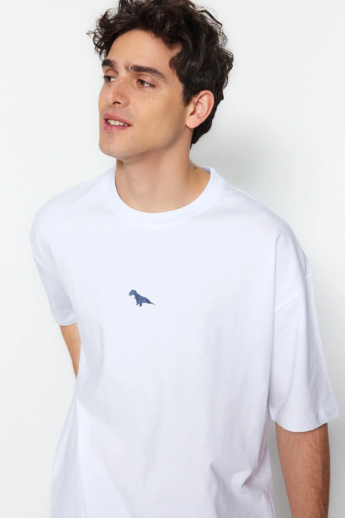 Trendyol Collection  Weißes, übergroßes/weit geschnittenes, kurzärmliges, mit Dinosauriern besticktes T-Shirt aus 100 % Baumwolle TMNSS23TS00243
