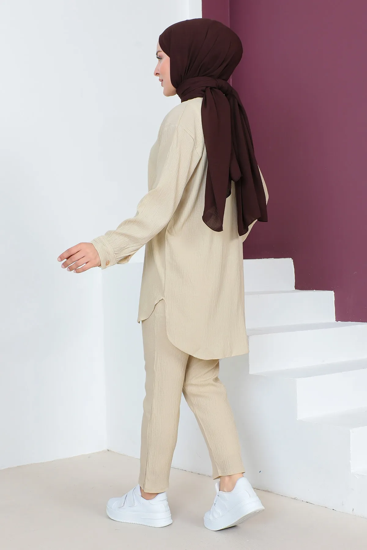 Tesettür Dünyası  Geknöpfter Doppelanzug TSD230632 Beige