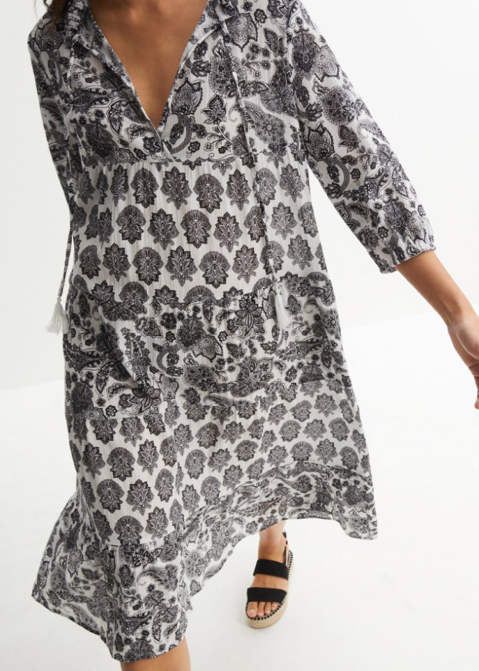 Crincle- Baumwollmidikleid mit Taschen und 3/4- Arm