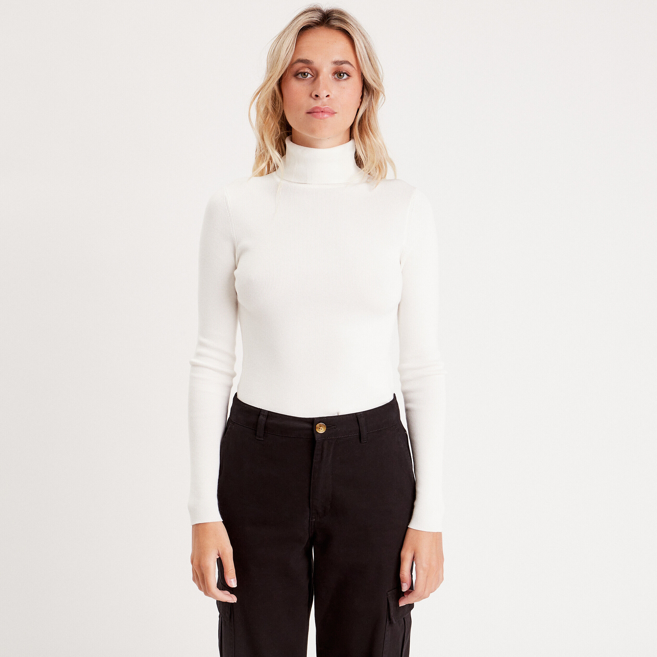 Pull côtelé col roulé ecru femme | Cache Cache