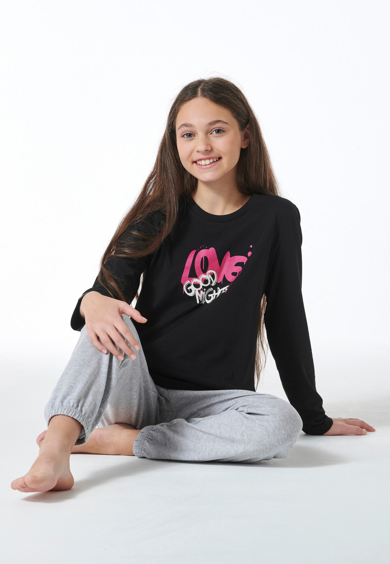 Schlafanzug lang Bündchen schwarz - Nightwear