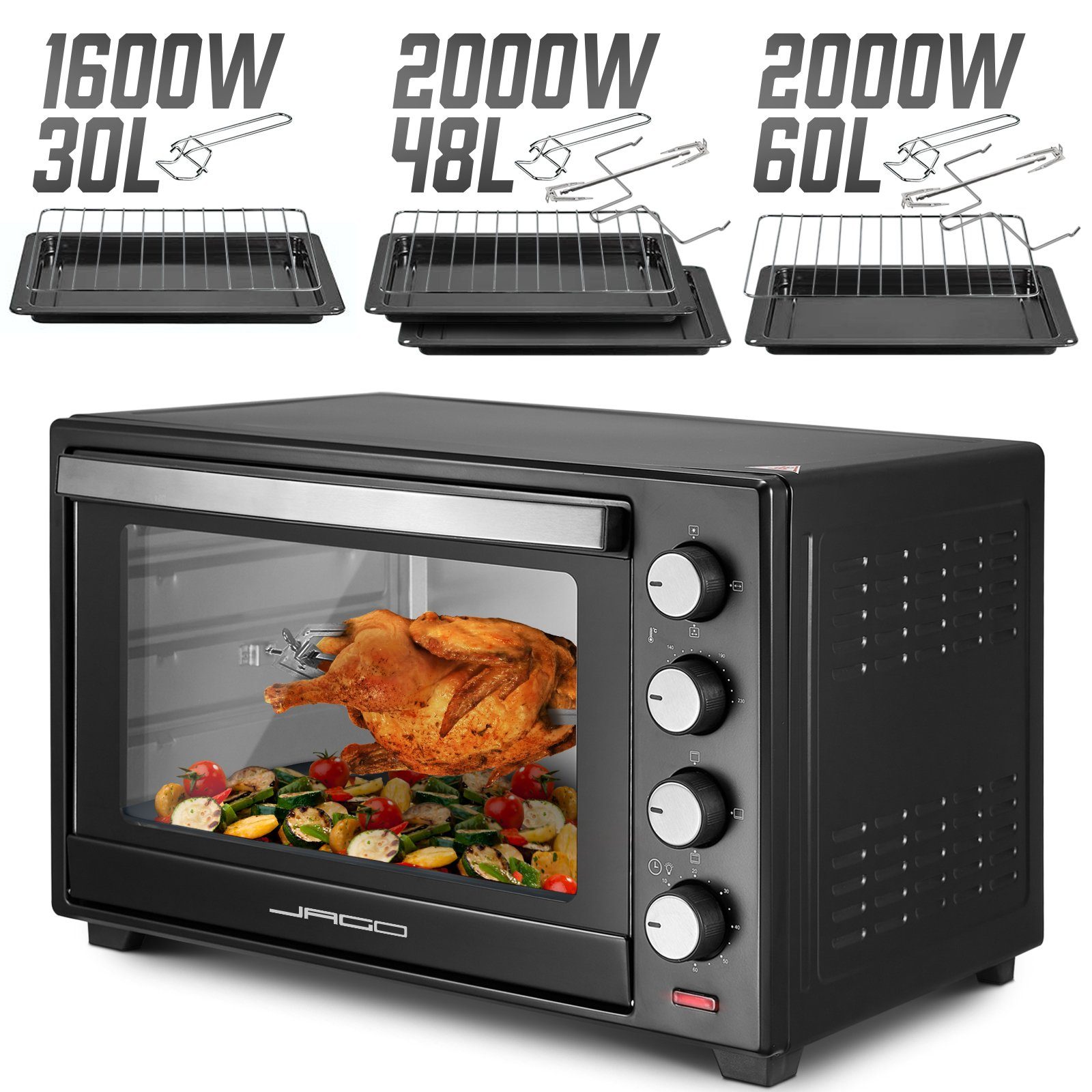 Jago Minibackofen mit 30/48/60L 1600/2000W Grill Mini Ofen Toastofen Pizzaofen