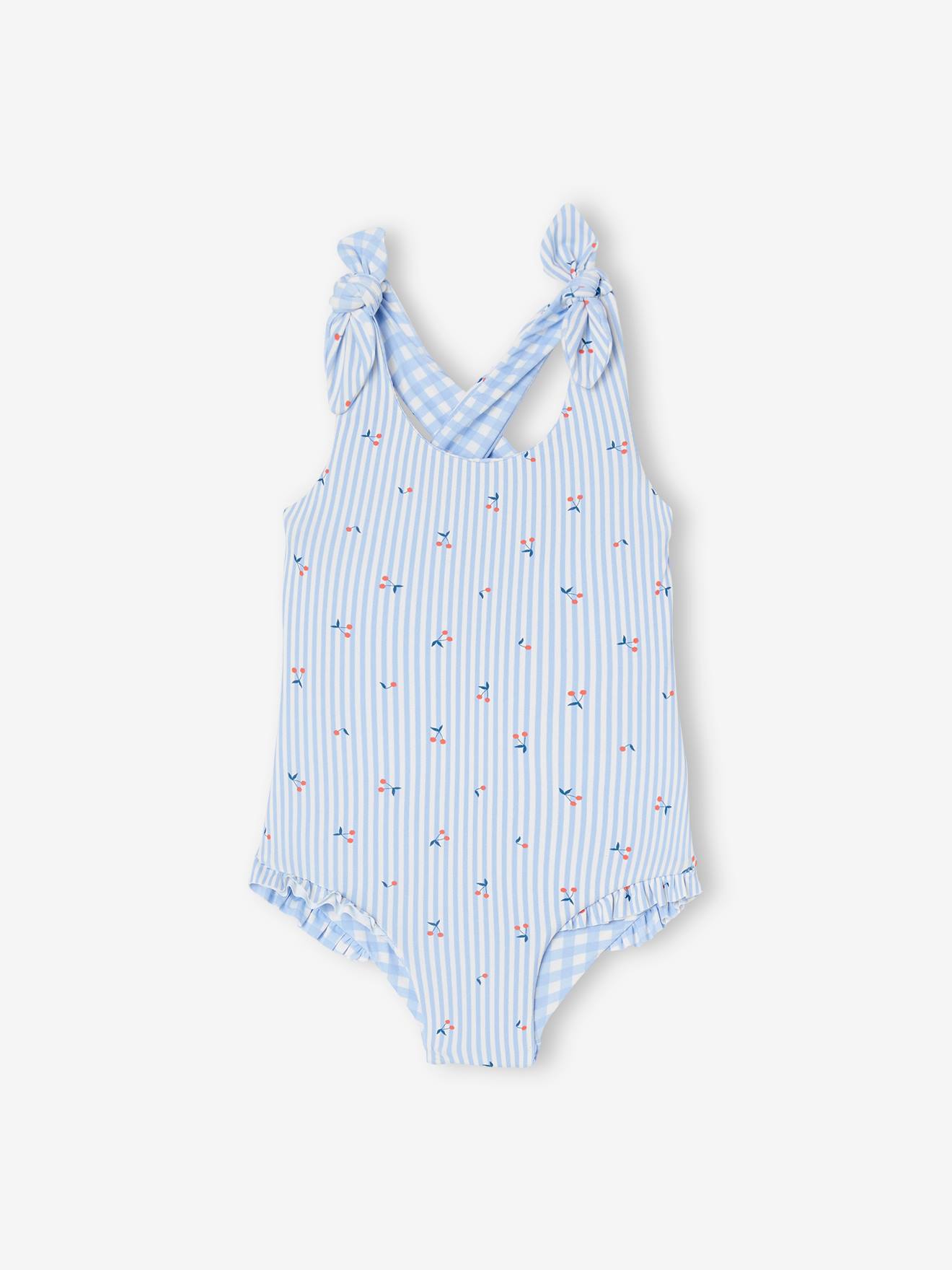 Maillot de bain 1 pièce bébé fille réversible vichy/rayures et fleurs bleu ciel