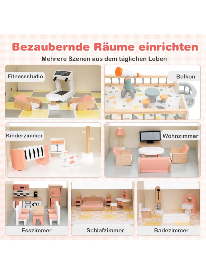 COSTWAY Puppenhaus Holz ab 3 Jahren in Rosa günstig kaufen onesize
