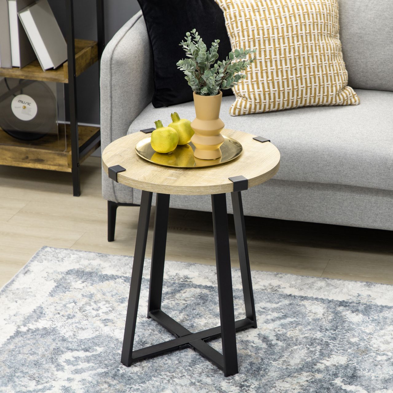 HOMCOM Couchtisch Runder Beistelltisch, Wohnzimmertisch mit Holzoptik Natur