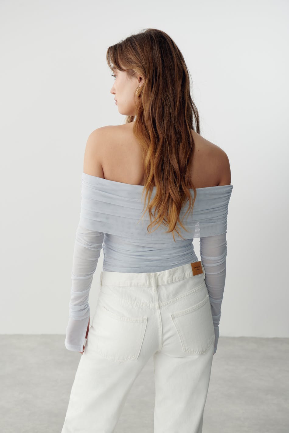 Ruched offshoulder mesh top