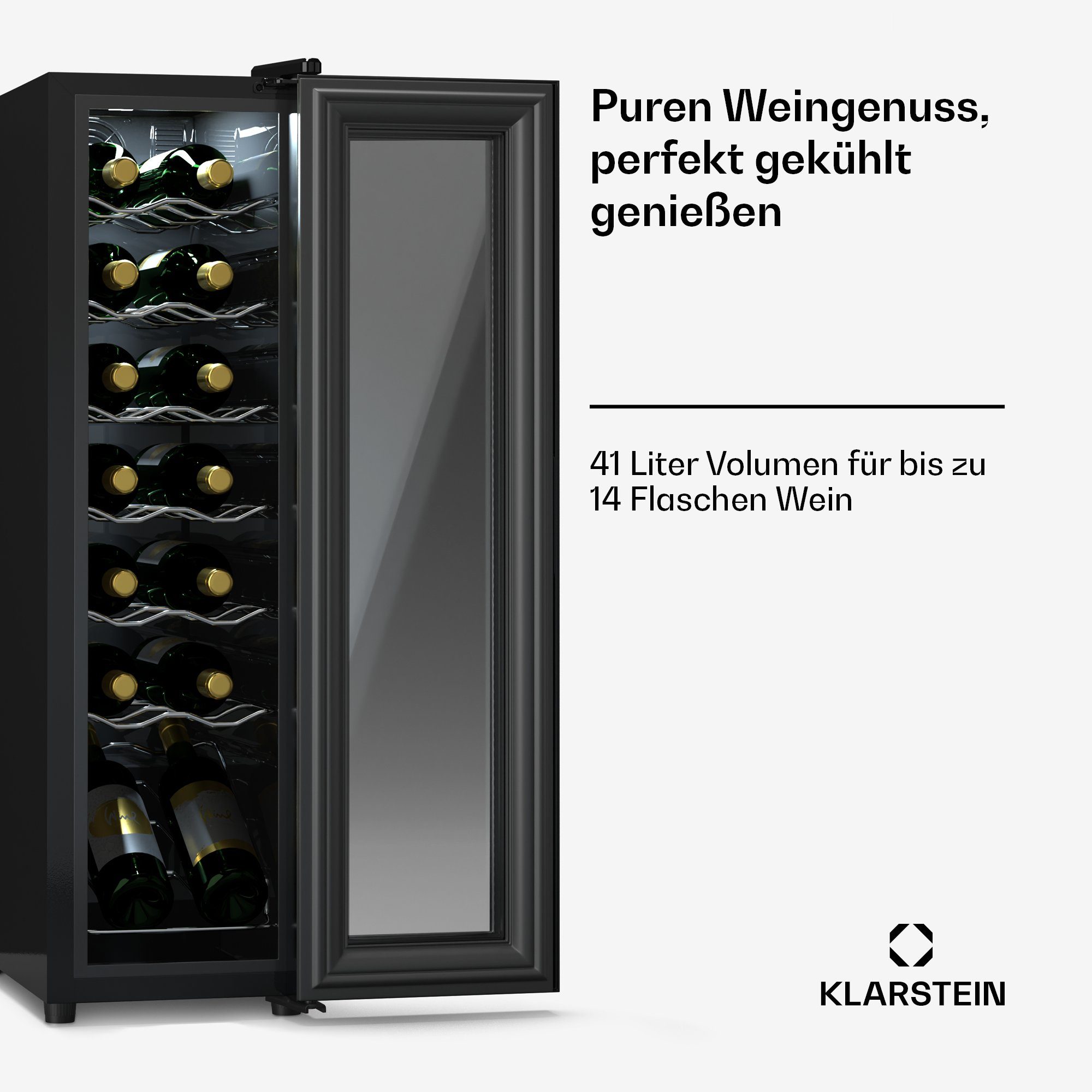 Klarstein Weinkühlschrank Shiraz 14 Slim Uno, für 14 Standardflaschen á 0,75l,Wein Flaschenkühlschrank Weintemperierschrank Weinschrank Kühlschrank
