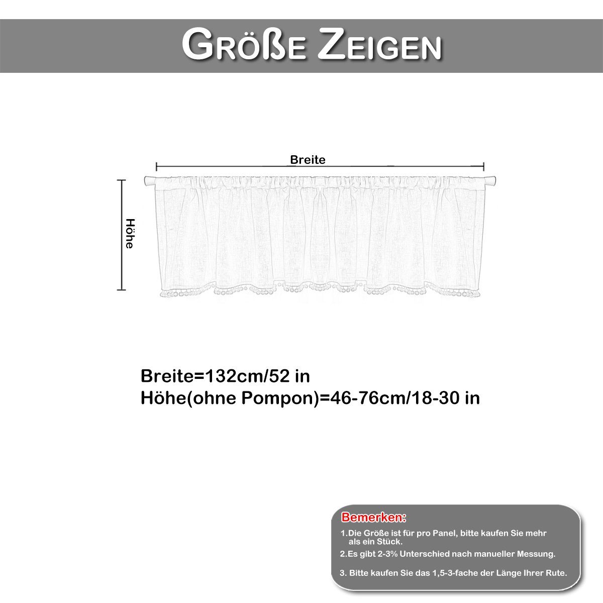 Scheibengardine Kurze Fenster Gardinen Vorhänge, Quastenball, Freizeit, Sunicol, (1 St), H×B:46×132;61×132;76×132