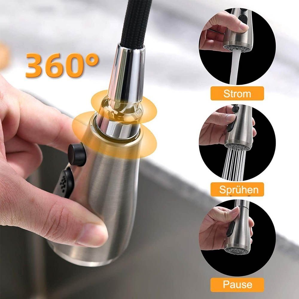 XERSEK Waschtischarmatur Hochdruck Wasserhahn Küche Ausziehbar, küchenarmatur 385mm (Hohe Bogenauslauf 360°schwenkbar, Mischbatterie küche Armatur, aus Edelstahl) 3 Strahlarten (Strahl/Sprüh/Pause)