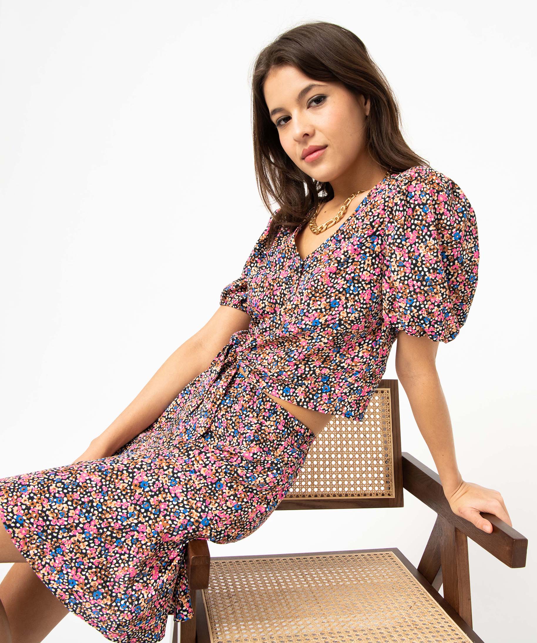 Blouse courte à fleurs et manches ballon femme imprime | GEMO