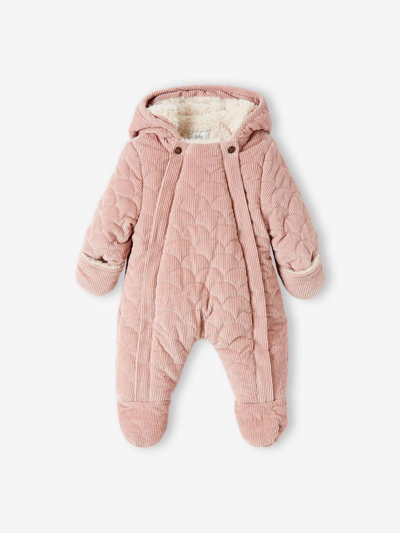 Combipilote en velours bébé double ouverture totale rose pale