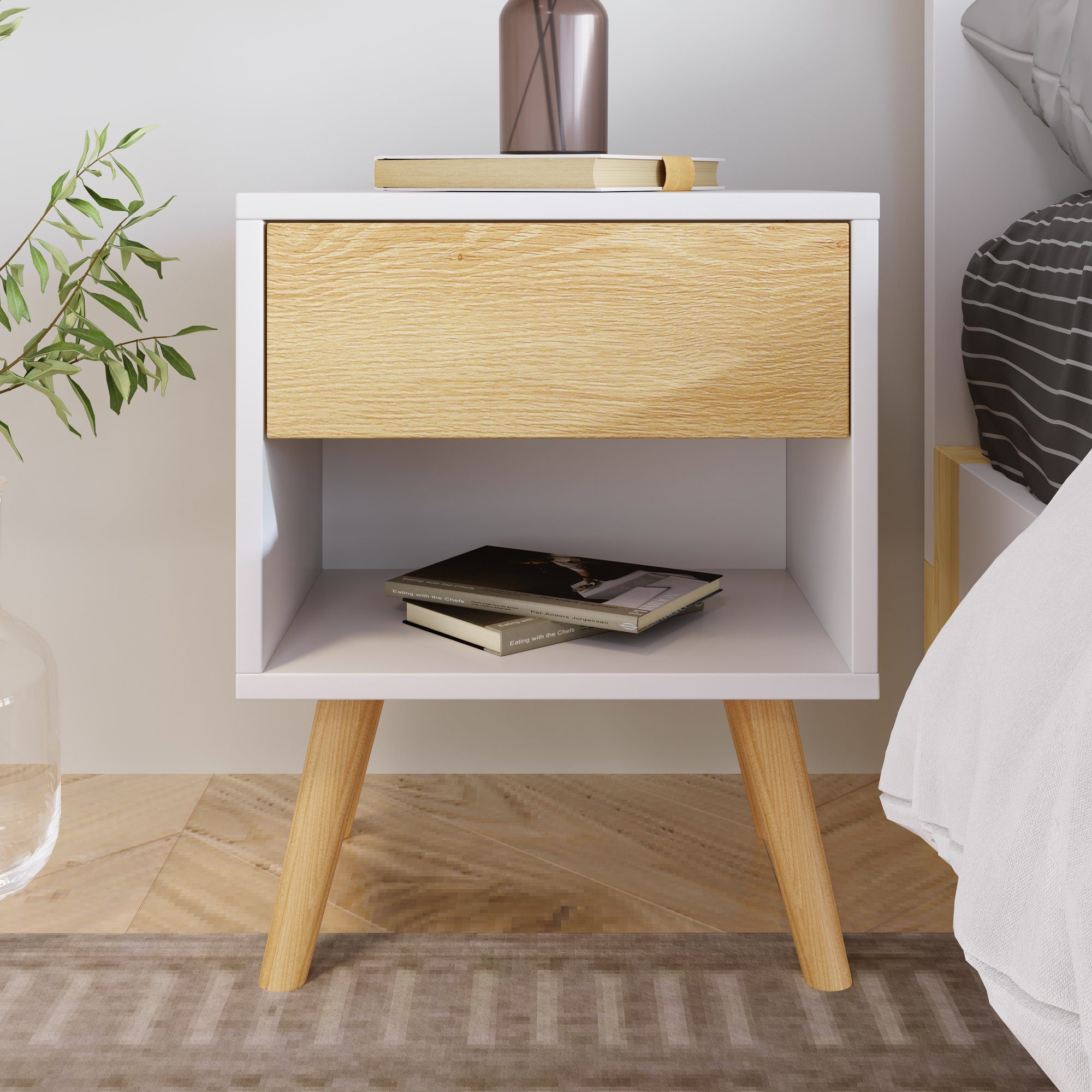 Powerwill Nachttisch 2er Set Massivholz Nachttisch Nachtschrank Beistelltisch (2-St., Holz Beistelltisch Nachtkommode Massivholzfüßen), Nachttischkommode mit Schubladen, für Bett und Schlafzimmer