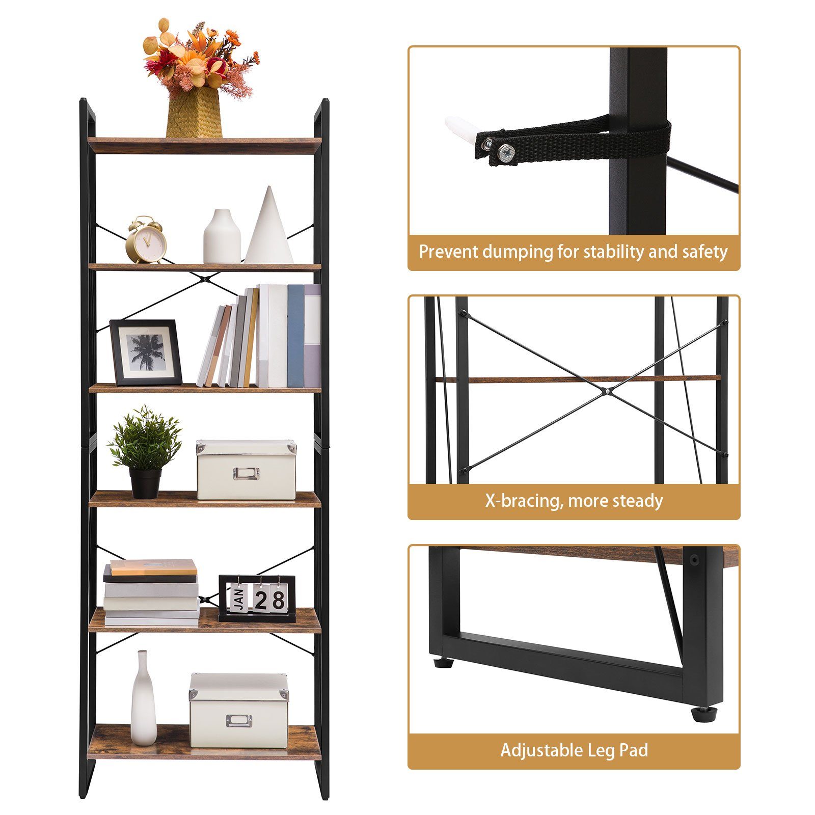 BERLINLODGE® Bücherregal Manhattan 6 Ebenen, Leiterregal Standregal vintage-braun industry-style, für Wohnzimmer, Büro, Schlafzimmer, Küche