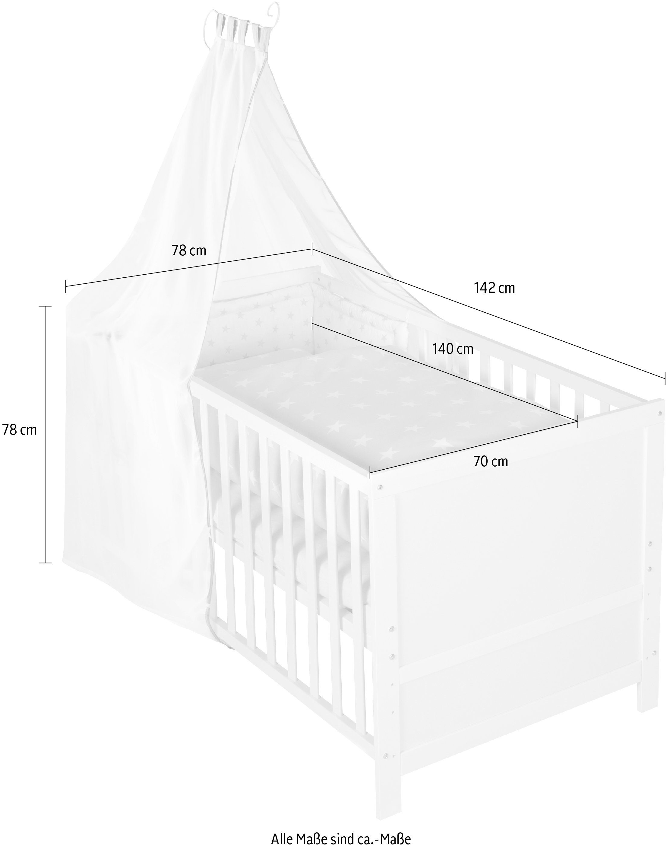 roba® Komplettbett Kinderbettset, Sterne grau, 70x140 cm, 5-tlg., mit Lattenrost, Matratze, Bettwäsche, Nest & Himmel