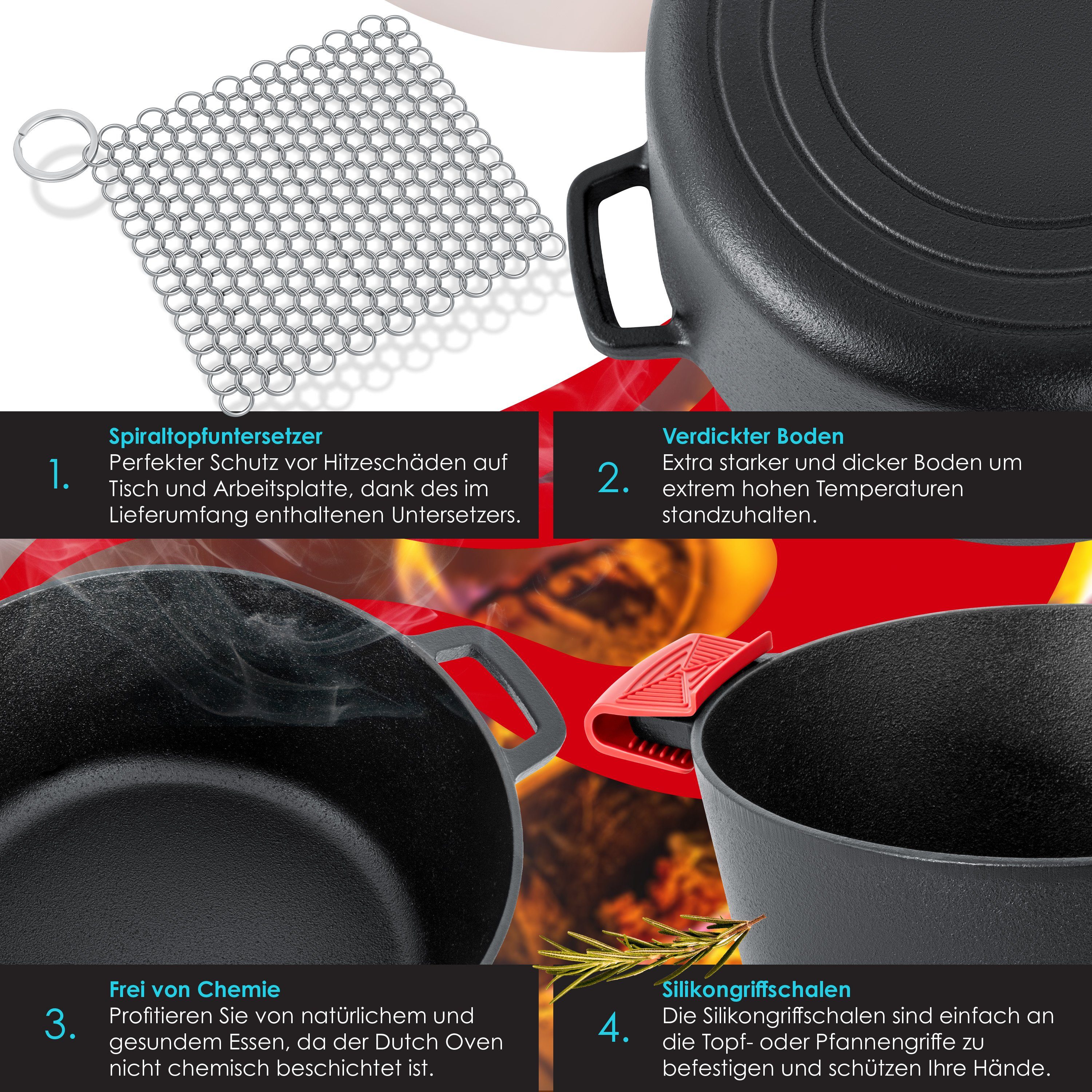 KESSER Feuertopf, Gußeisen, Dutch Oven 2in1 Gusseisen Topf 4,8L und Pfanne 1,8L