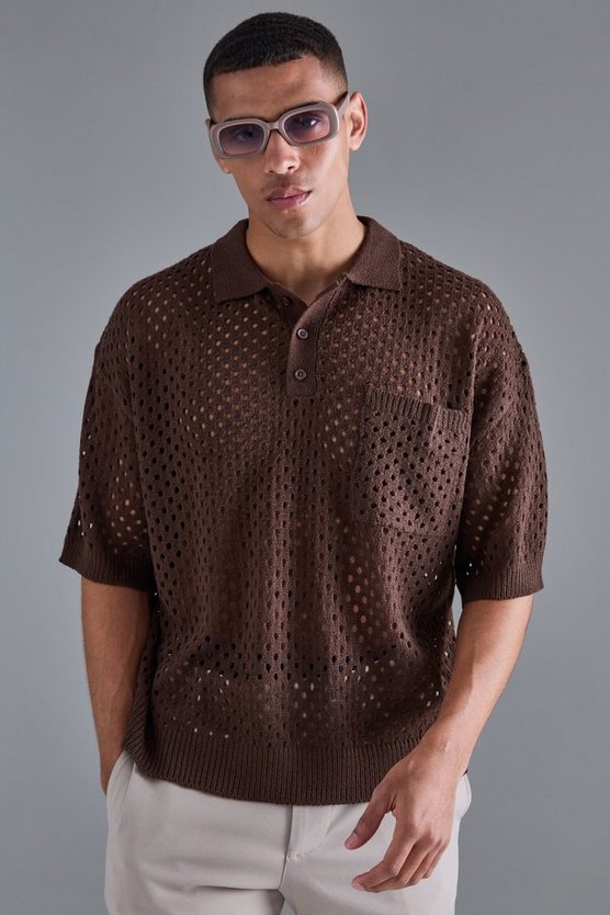 Kastiges gehäkeltes V-Ausschnitt Poloshirt in Braun