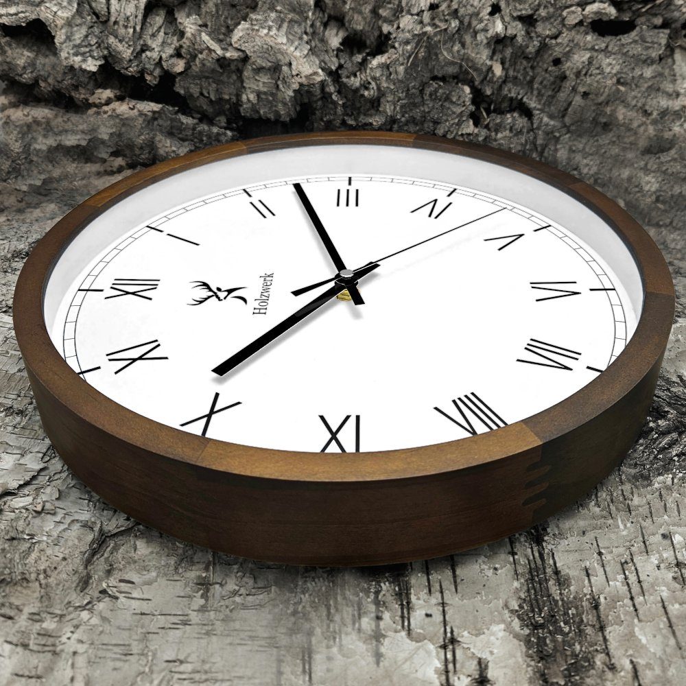 Holzwerk Wanduhr EISENBERG Designer Holz Wand Uhr, braun, weiß (lautlos ohne Tickgeräusche, 30 cm)