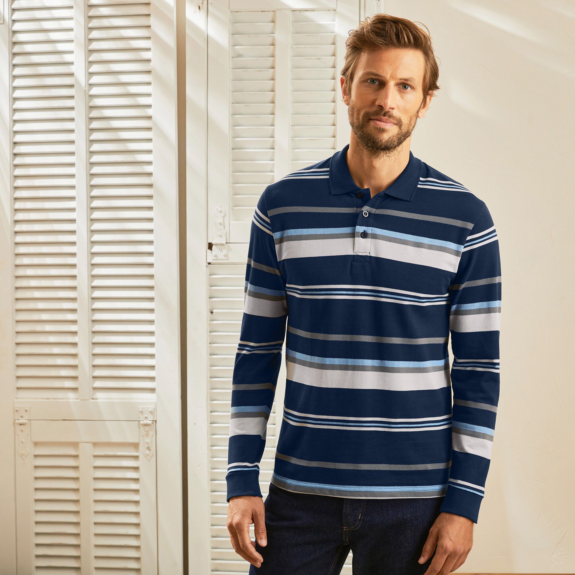 Polo maille piquée rayée, manches longues