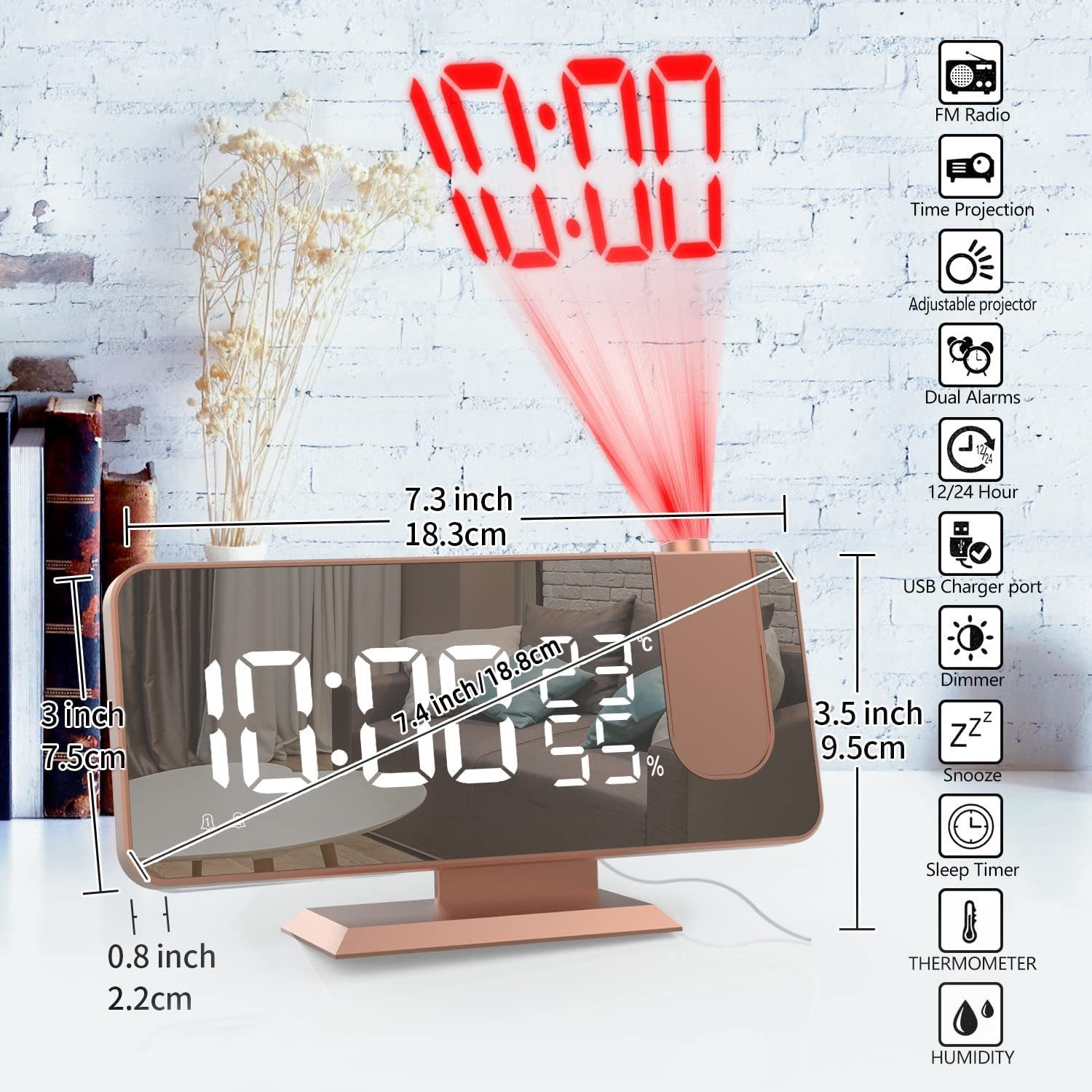 Mutoy Projektionswecker Projektionswecker, Projektions Radio Wecker digital mit Dual-Alarm 180° Projektor,LED-Anzeige, Snooze,4 Projektionshelligkeit,32FM Radio