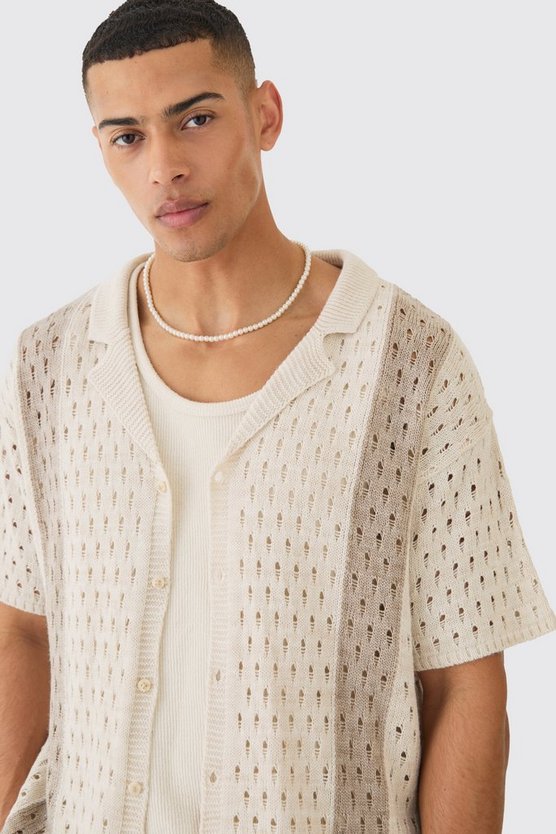 Kastiges gestreiftes Oversize Strick-Hemd in Ecru