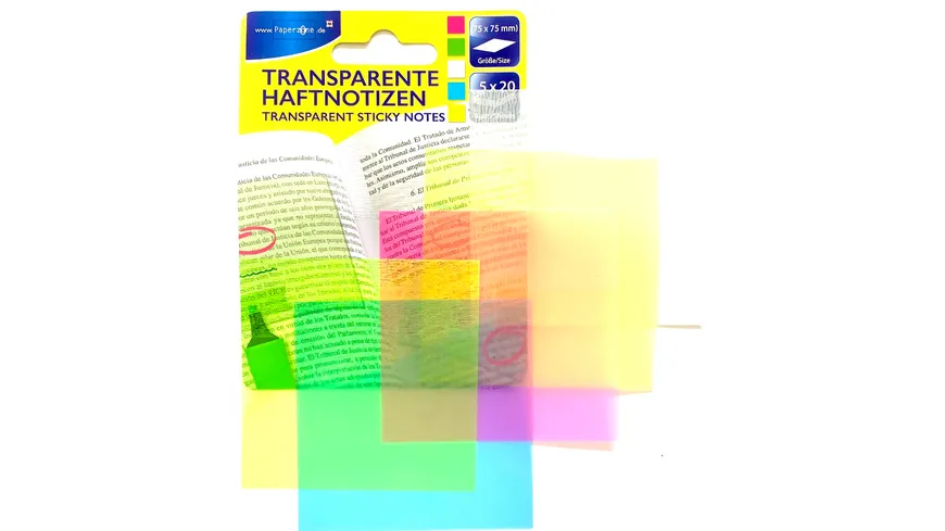 PAPERZONE Transparente Haftnotizen 5 Farben 7,5x7,5cm