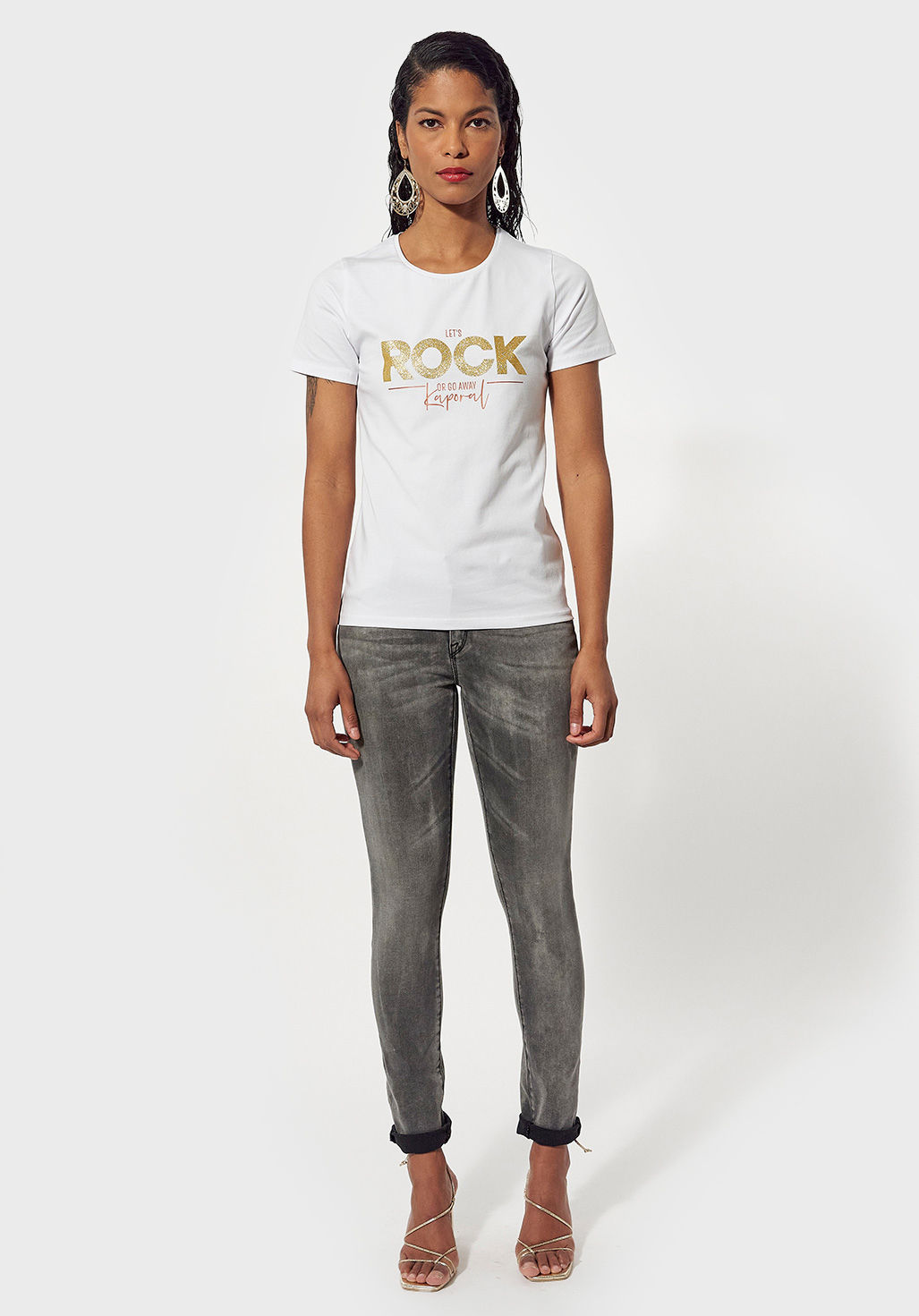 ARPEK  T-shirt cintré blanc Femme avec imprimé ROCK pailleté